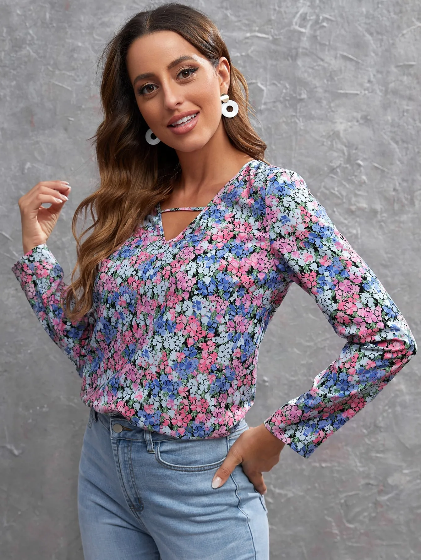 Casual All Over Print Long Sleeve V Neck Regular Blouse