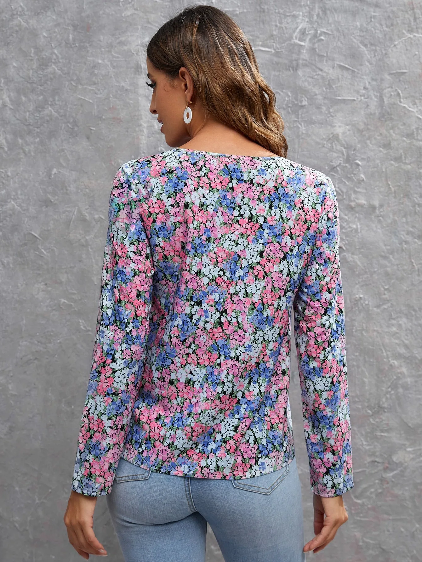 Casual All Over Print Long Sleeve V Neck Regular Blouse