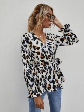 Casual All Over Print Wrap Long Sleeve V Neck Regular Blouse