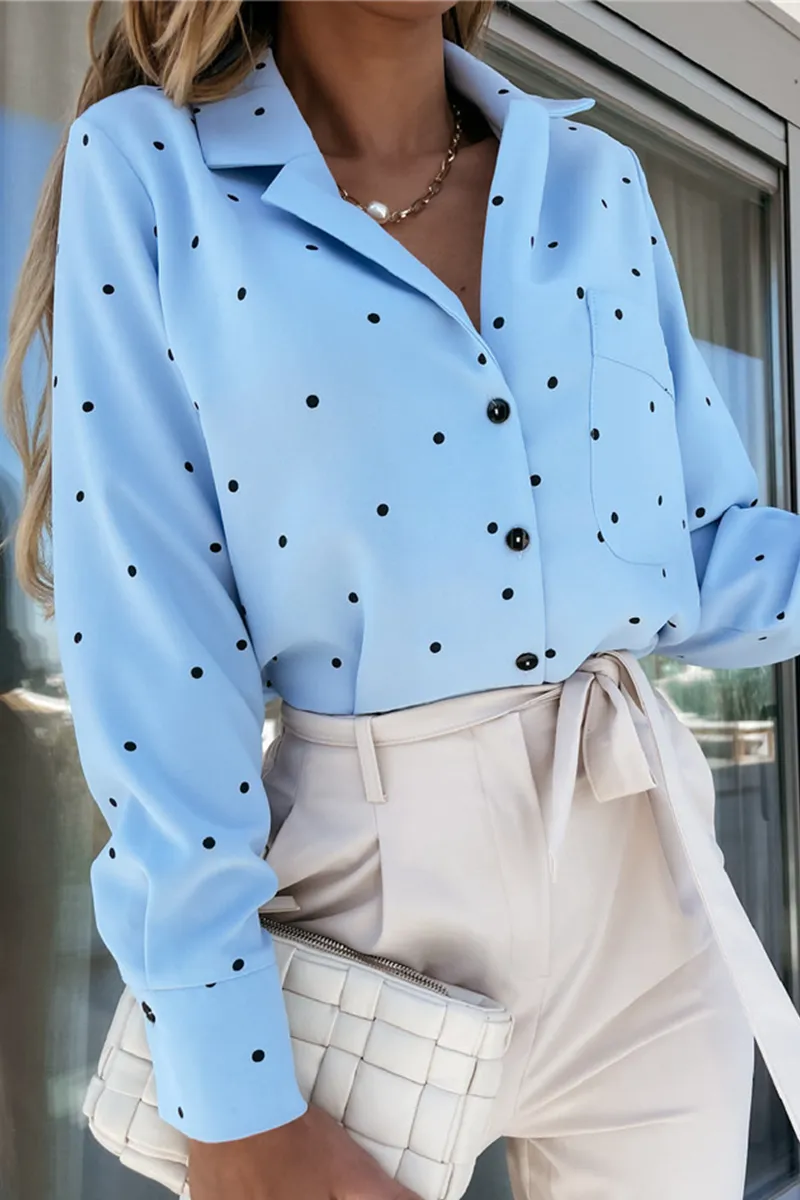 Casual & Stylish Elegant & Stylish Polka Dot Pocket Buckle Turndown Collar Tops