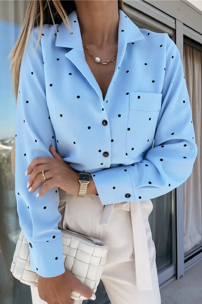 Casual & Stylish Elegant & Stylish Polka Dot Pocket Buckle Turndown Collar Tops