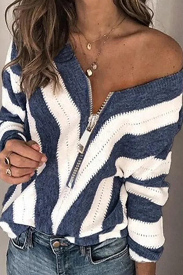 Casual & Stylish Striped Contrast Zipper Collar Tops Sweater