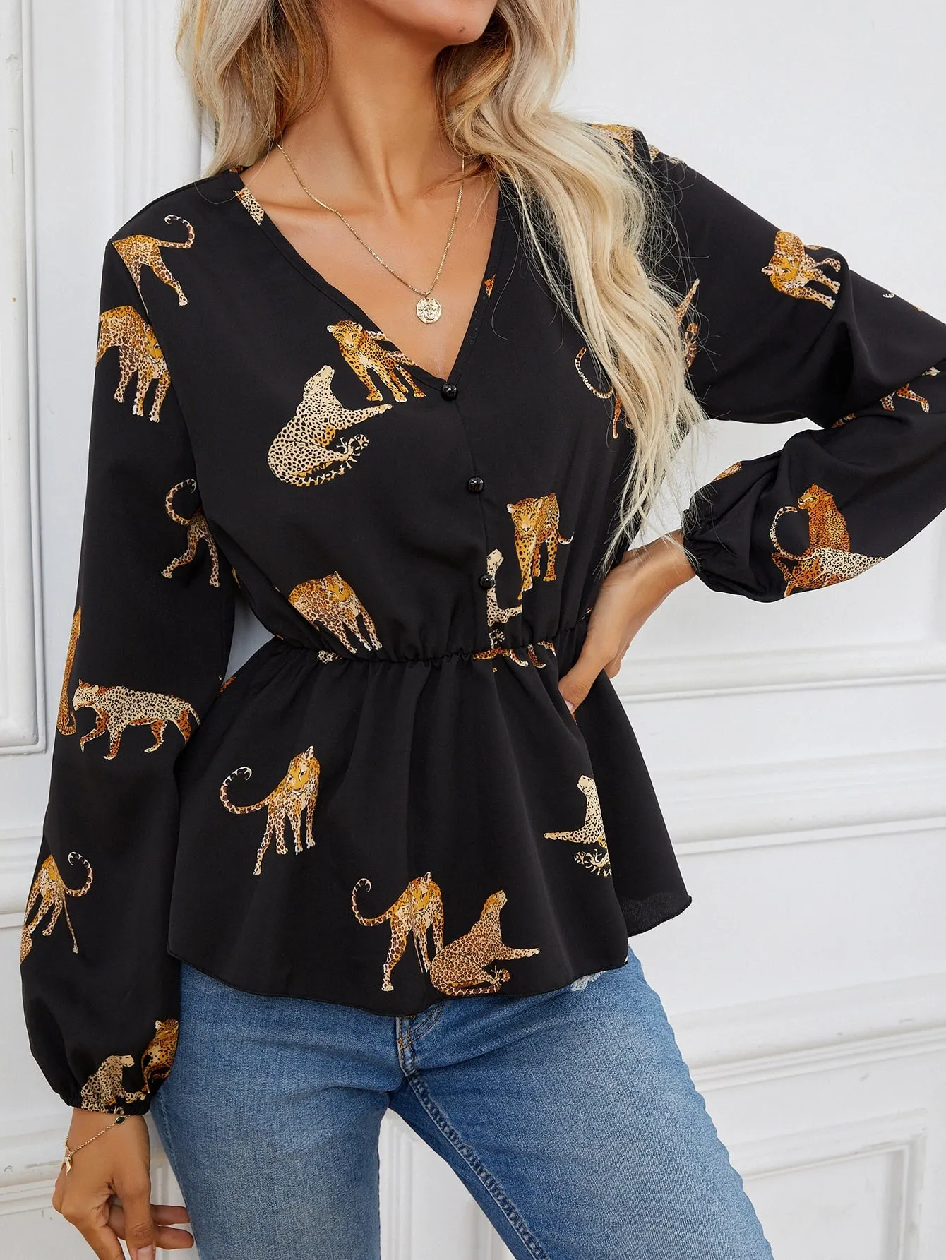 Casual Animal Button Front Long Sleeve V Neck Flared Regular Blouse