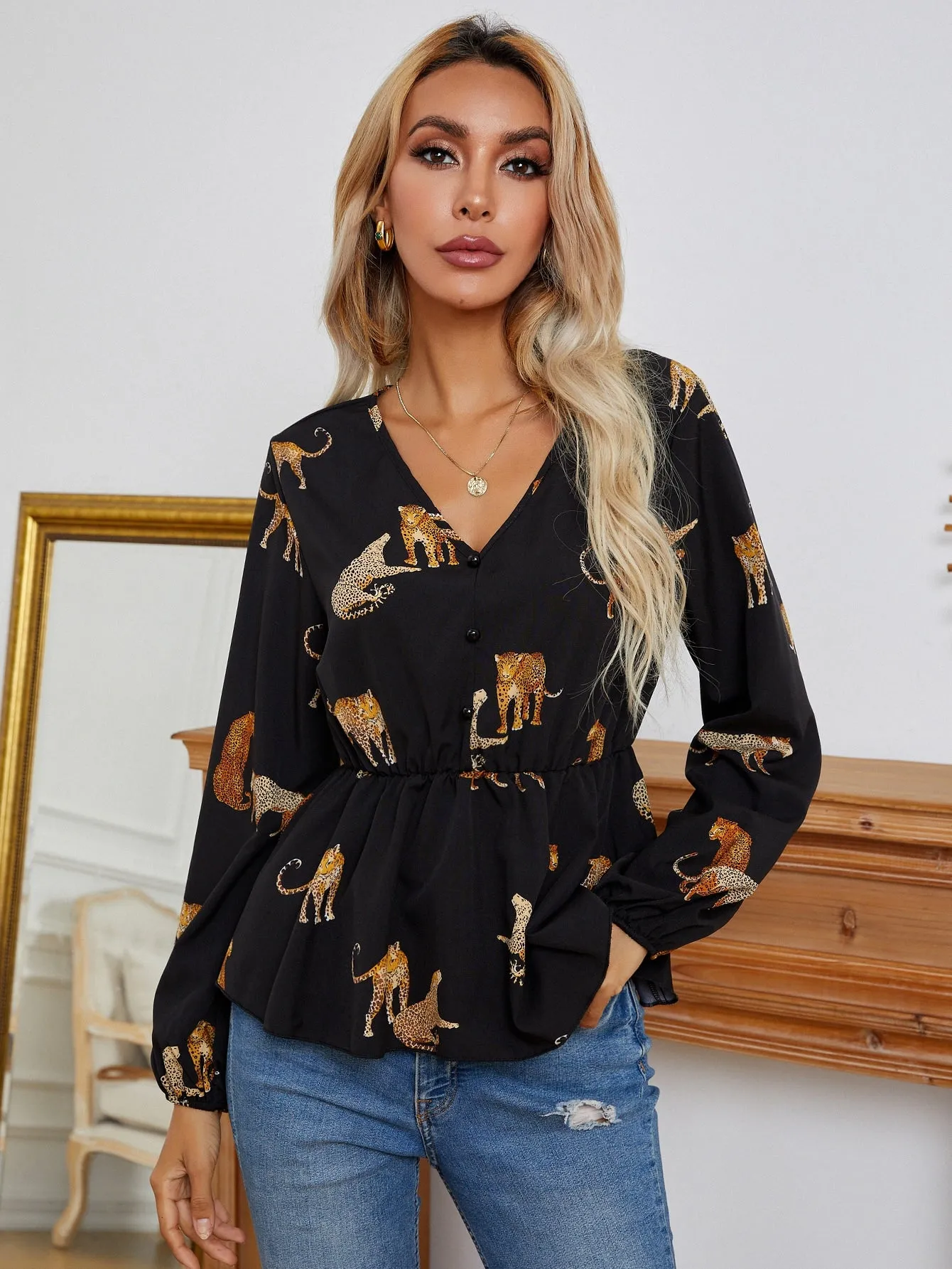 Casual Animal Button Front Long Sleeve V Neck Flared Regular Blouse