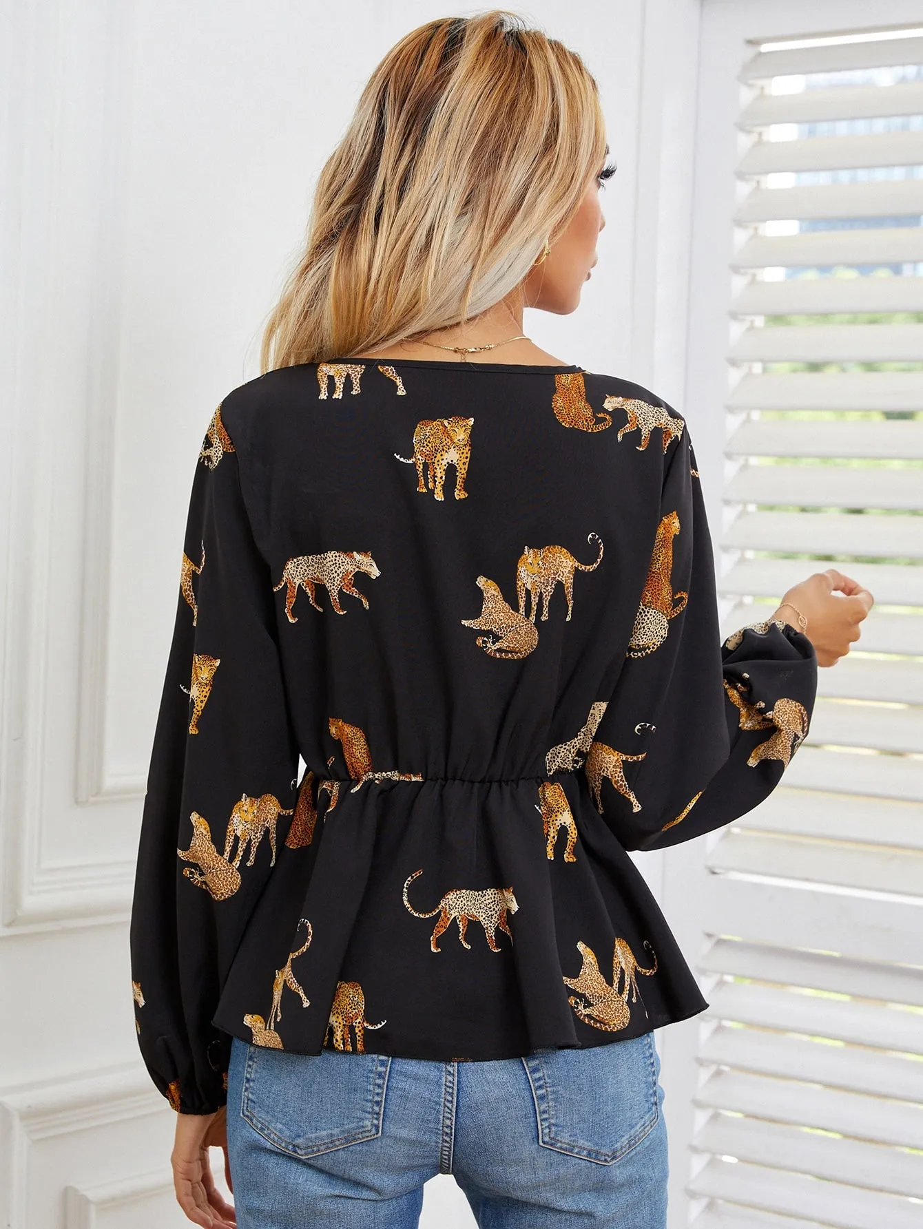 Casual Animal Button Front Long Sleeve V Neck Flared Regular Blouse