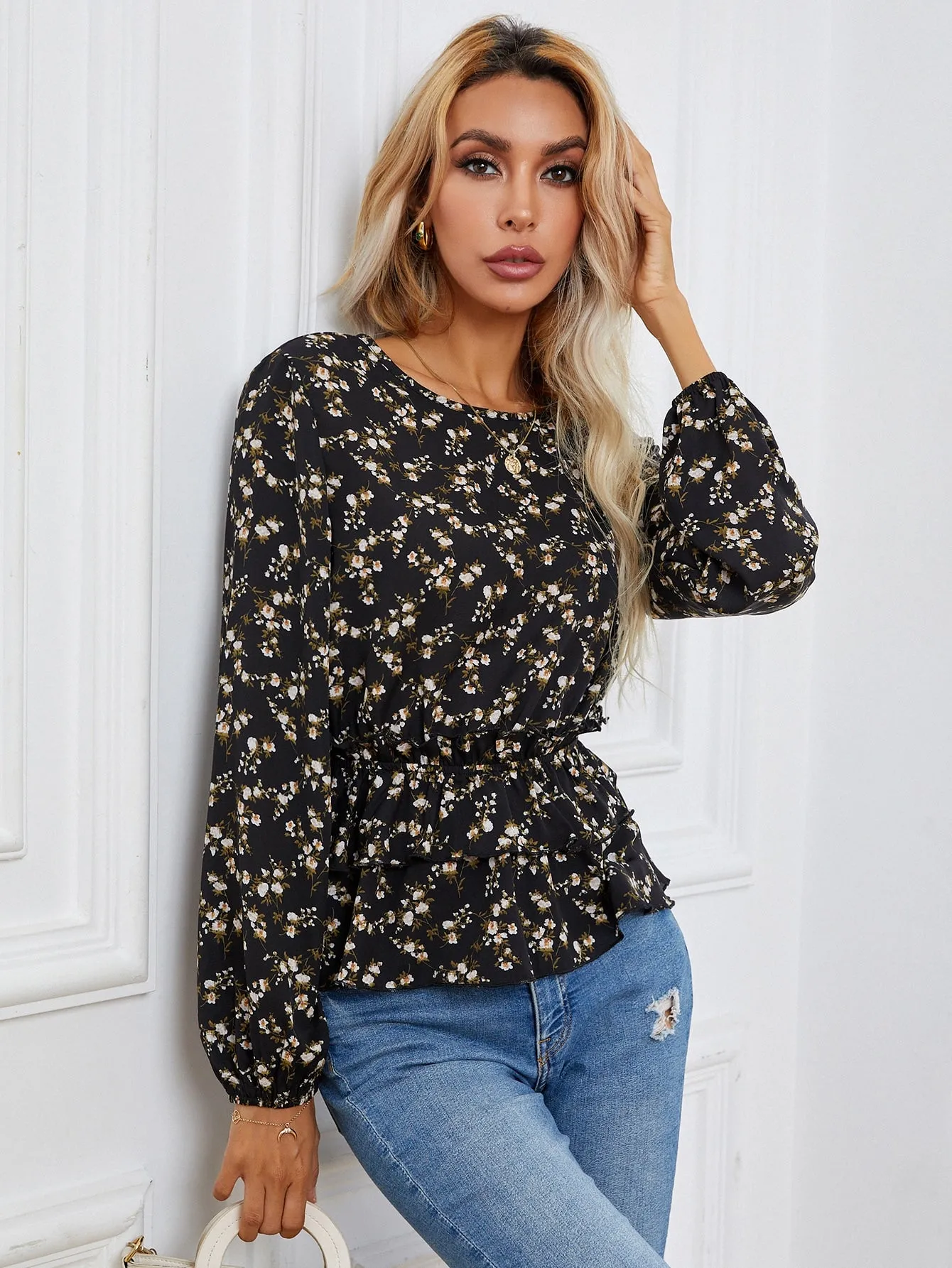 Casual Ditsy Floral Frill Long Sleeve Round Neck Flared Regular Blouse