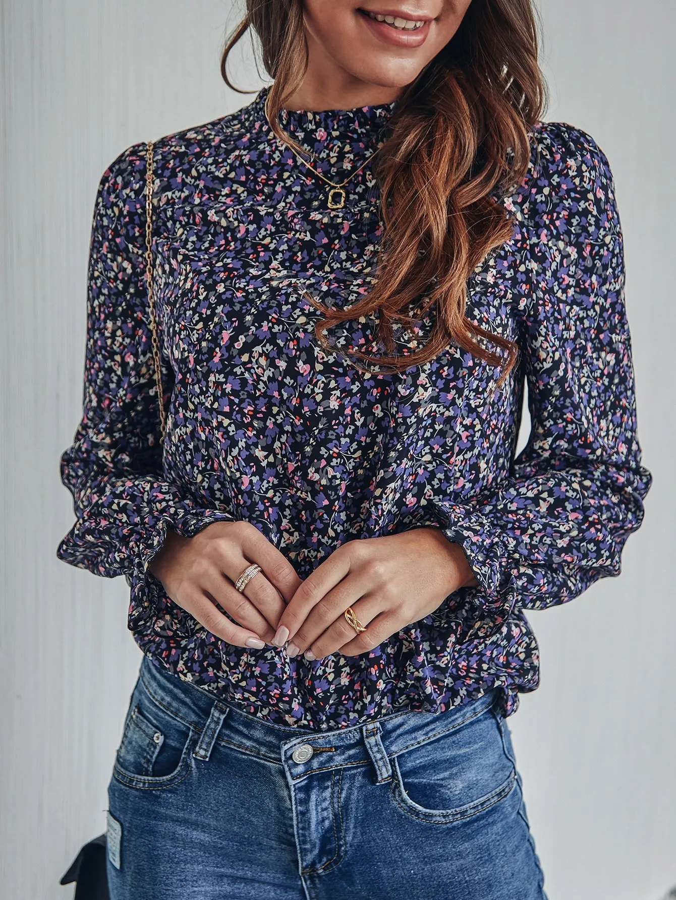 Casual Ditsy Floral Ruffle Long Sleeve Stand Collar Regular Blouse