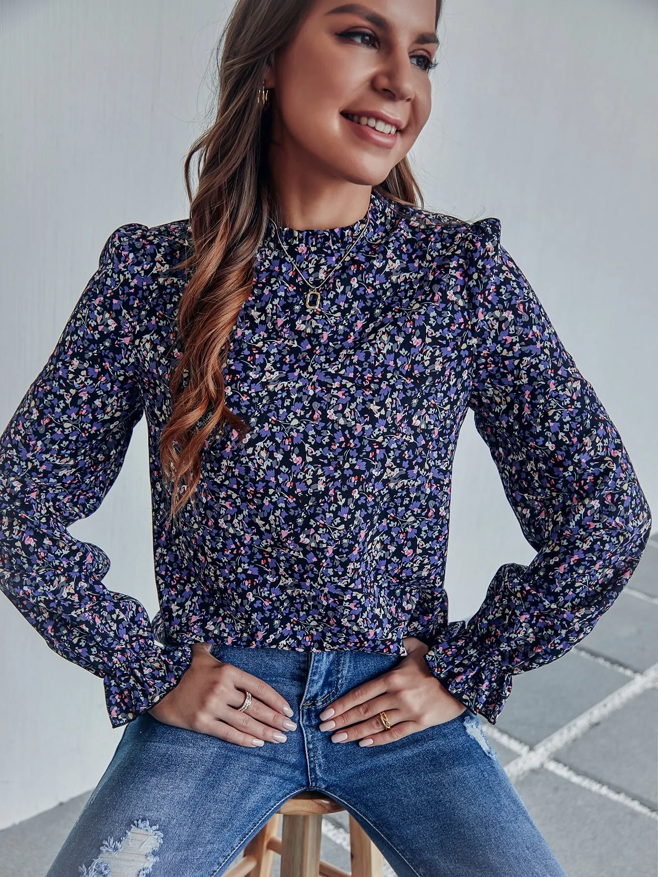 Casual Ditsy Floral Ruffle Long Sleeve Stand Collar Regular Blouse