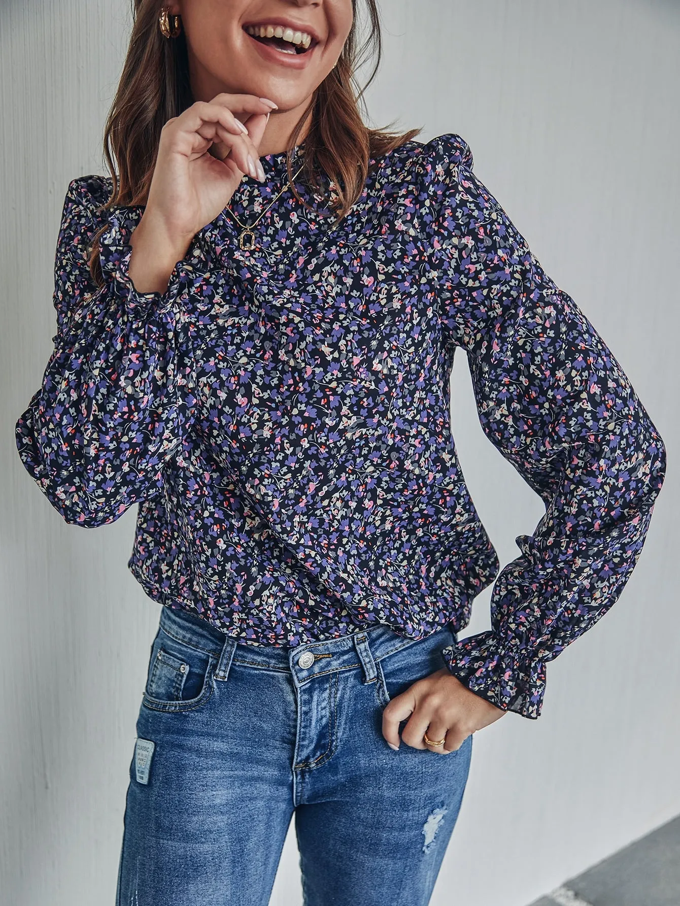 Casual Ditsy Floral Ruffle Long Sleeve Stand Collar Regular Blouse