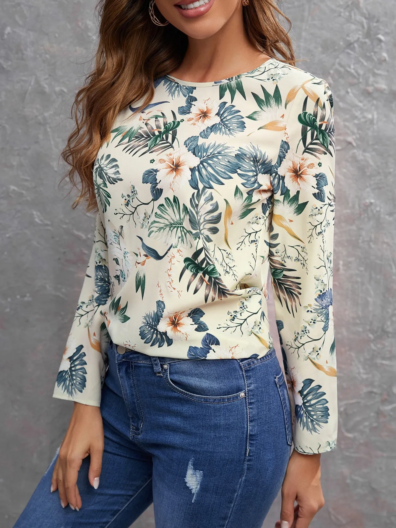 Casual Floral Long Sleeve Round Neck Regular Blouse