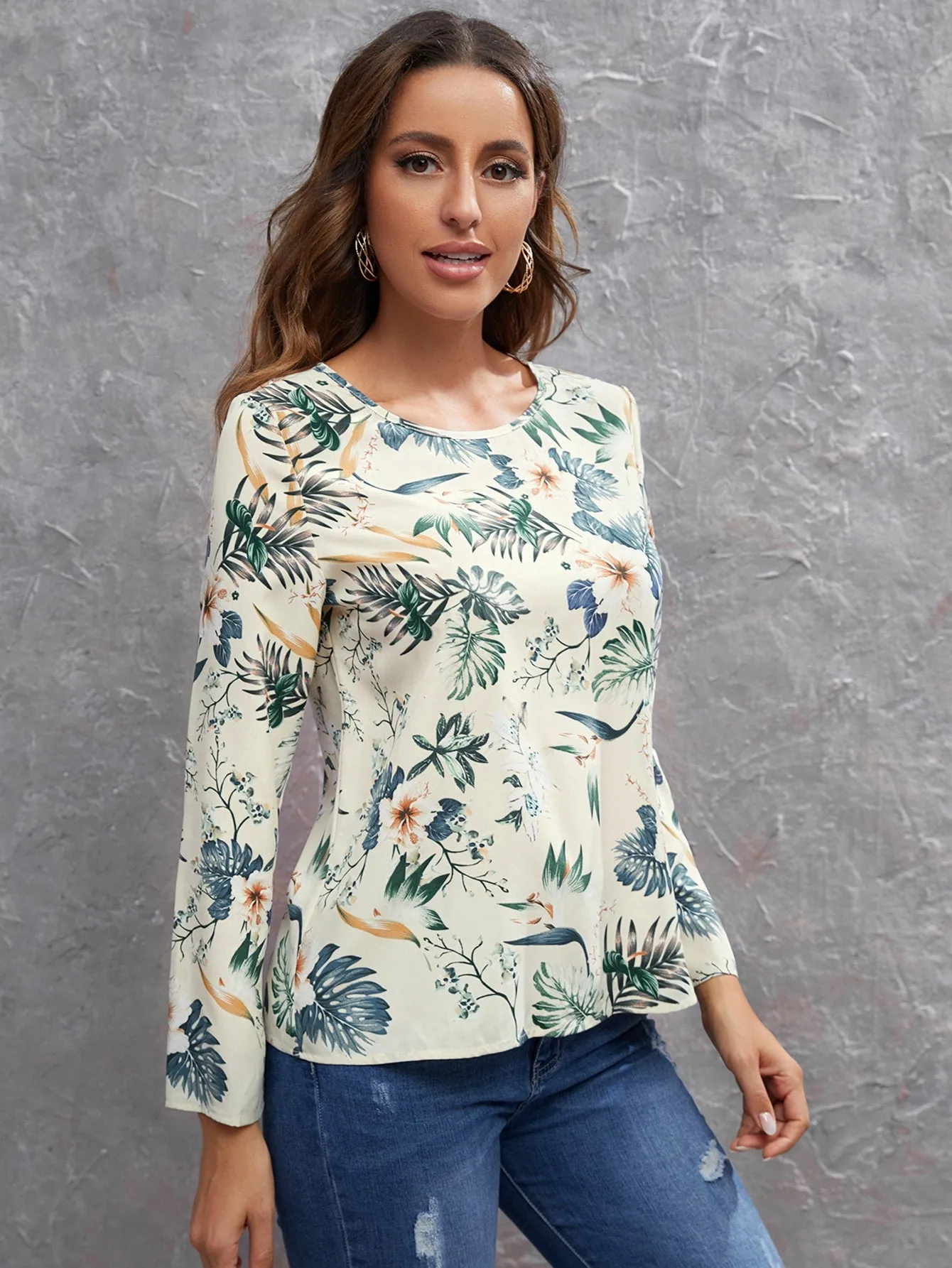 Casual Floral Long Sleeve Round Neck Regular Blouse