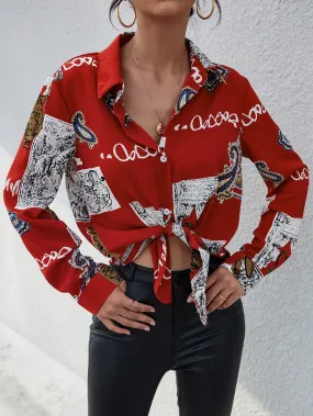 Casual Letter Button Front Long Sleeve Collar Regular Blouse