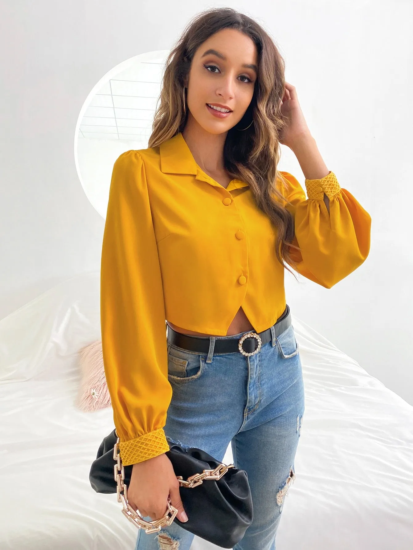 Casual Plain Button Front Long Sleeve Collar Asymmetrical Crop Blouse