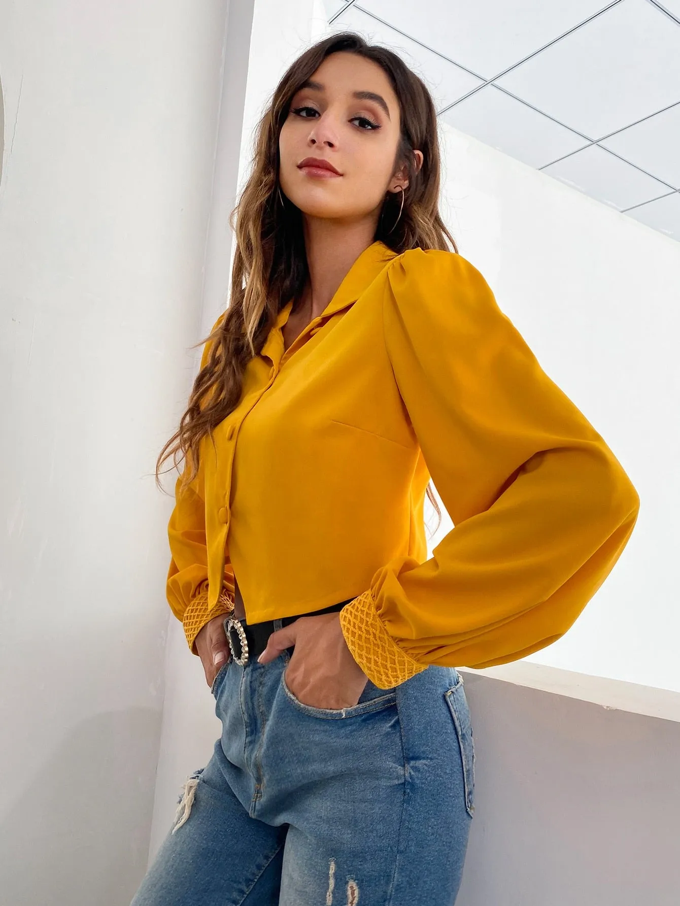 Casual Plain Button Front Long Sleeve Collar Asymmetrical Crop Blouse