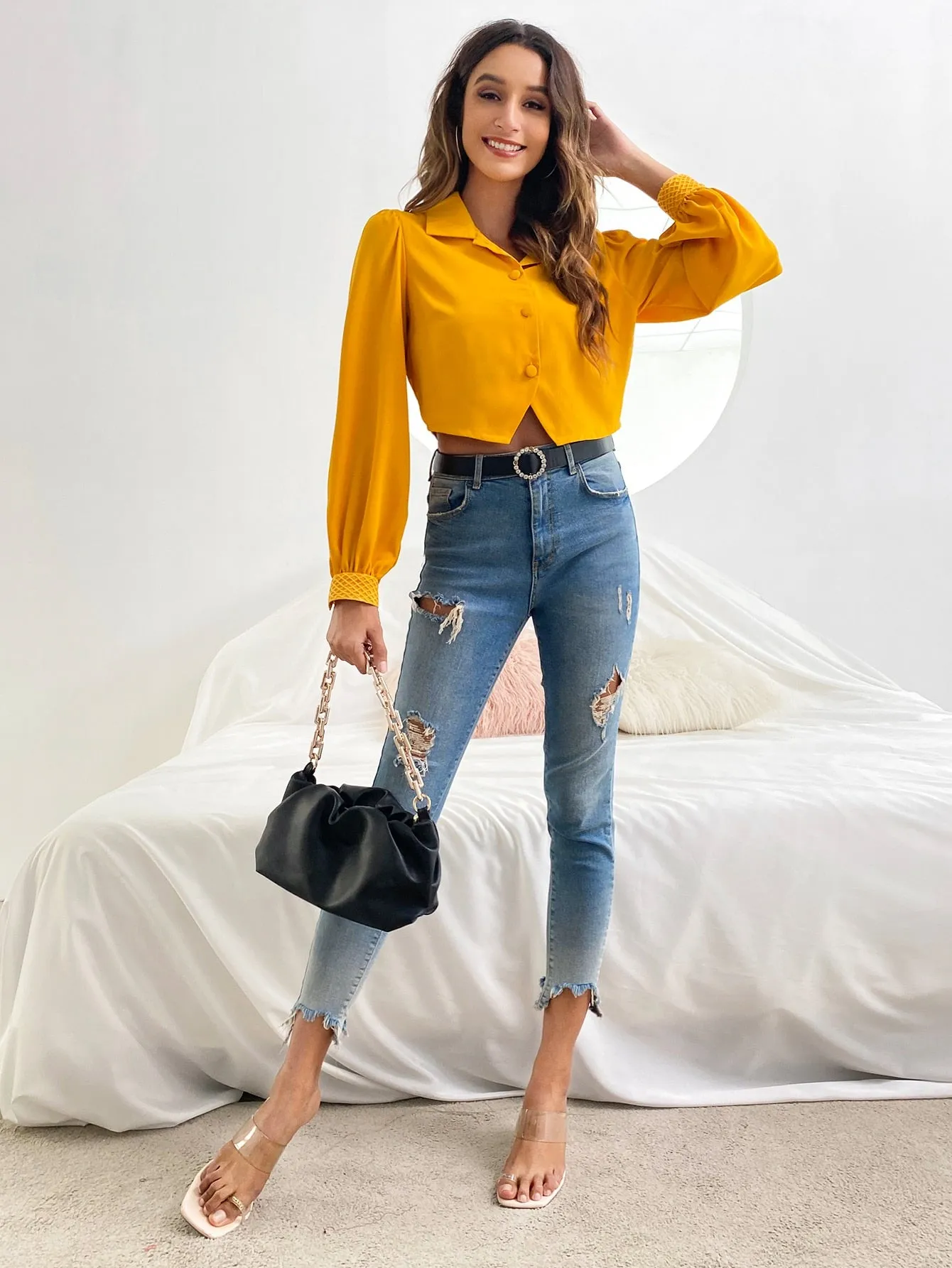 Casual Plain Button Front Long Sleeve Collar Asymmetrical Crop Blouse