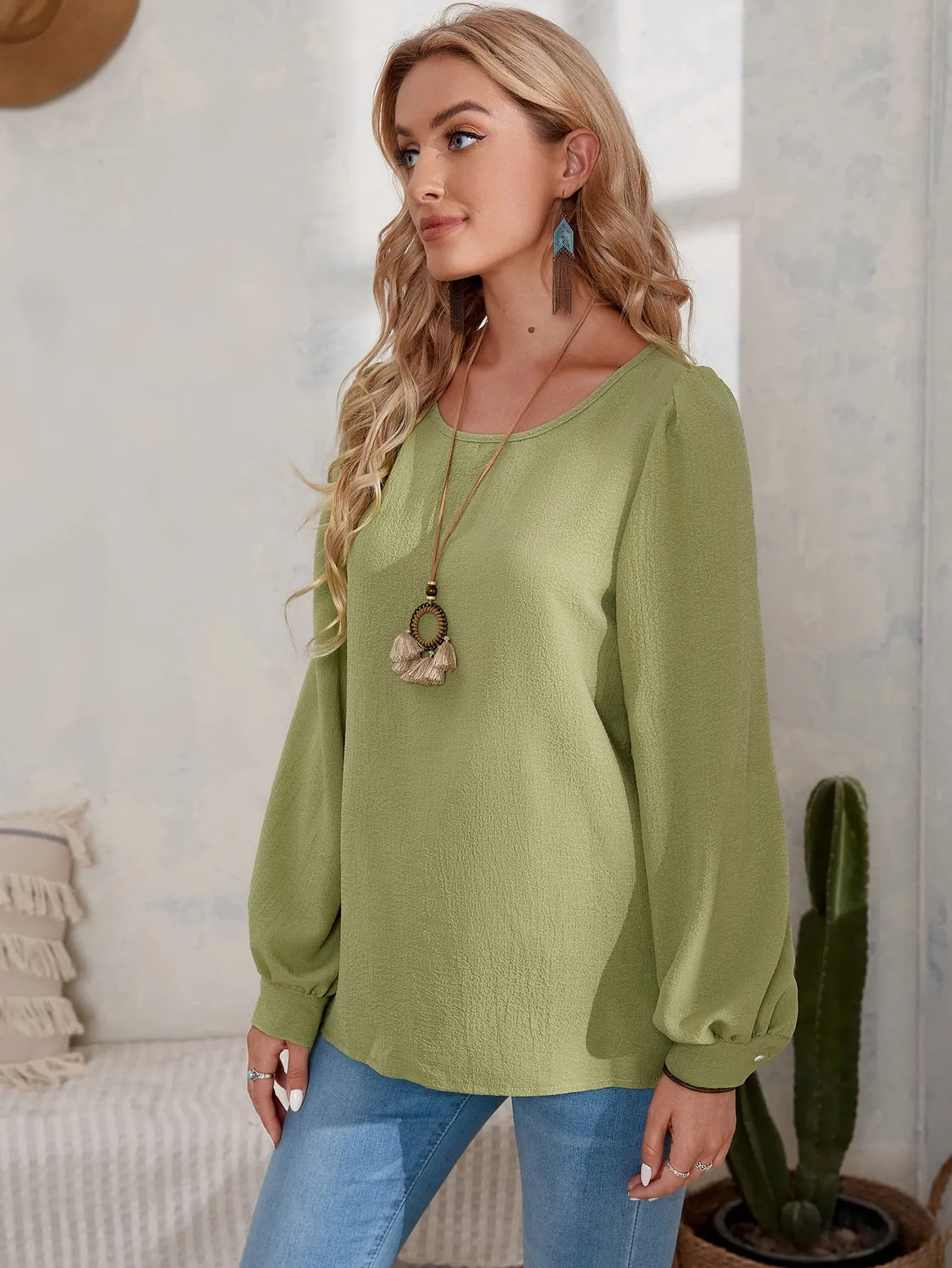 Casual Plain Long Sleeve Scoop Neck Regular Blouse