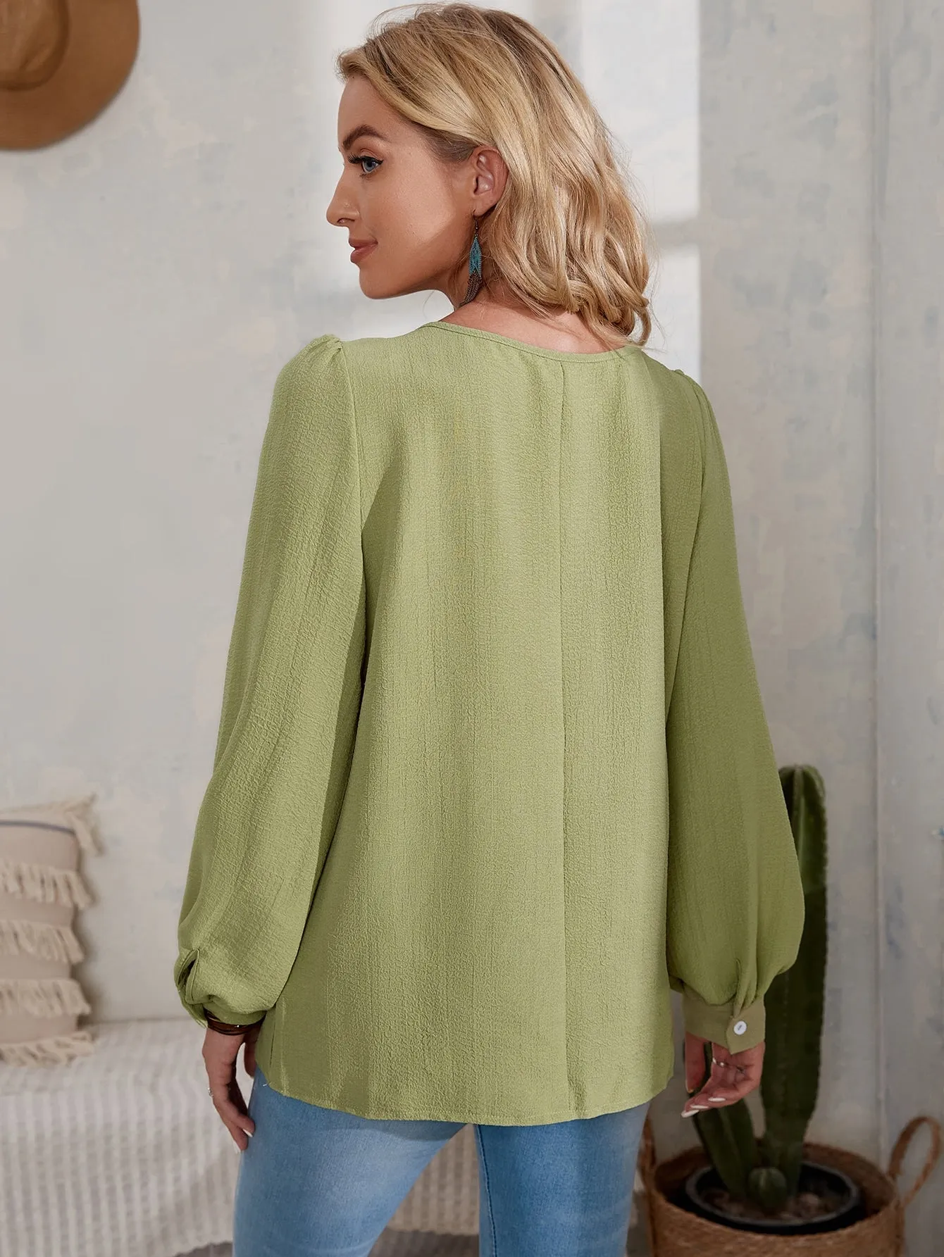 Casual Plain Long Sleeve Scoop Neck Regular Blouse