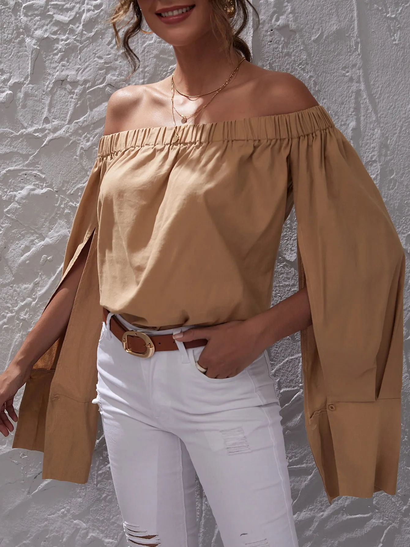 Casual Plain Split Long Sleeve Off The Shoulder Regular Blouse