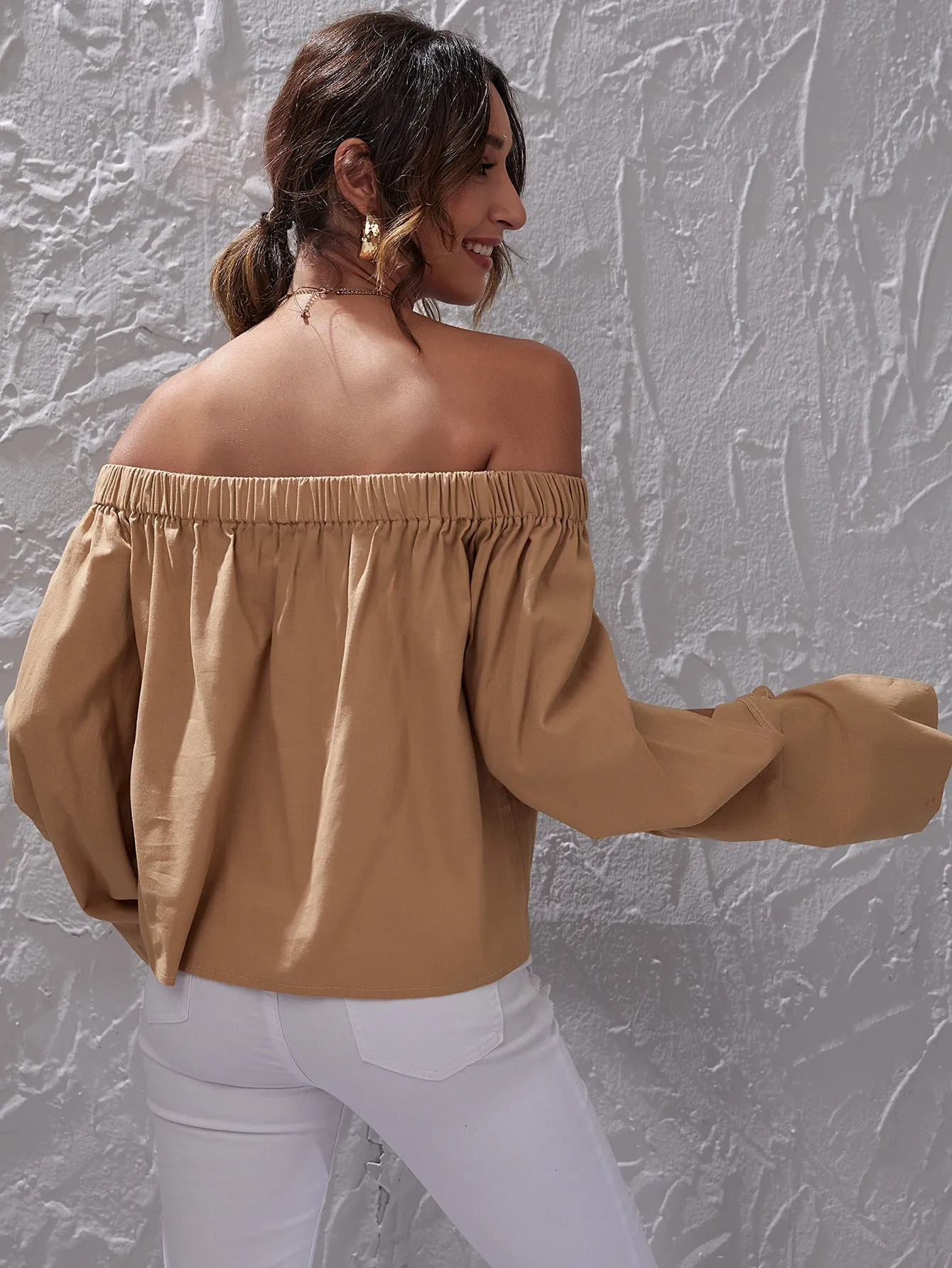 Casual Plain Split Long Sleeve Off The Shoulder Regular Blouse