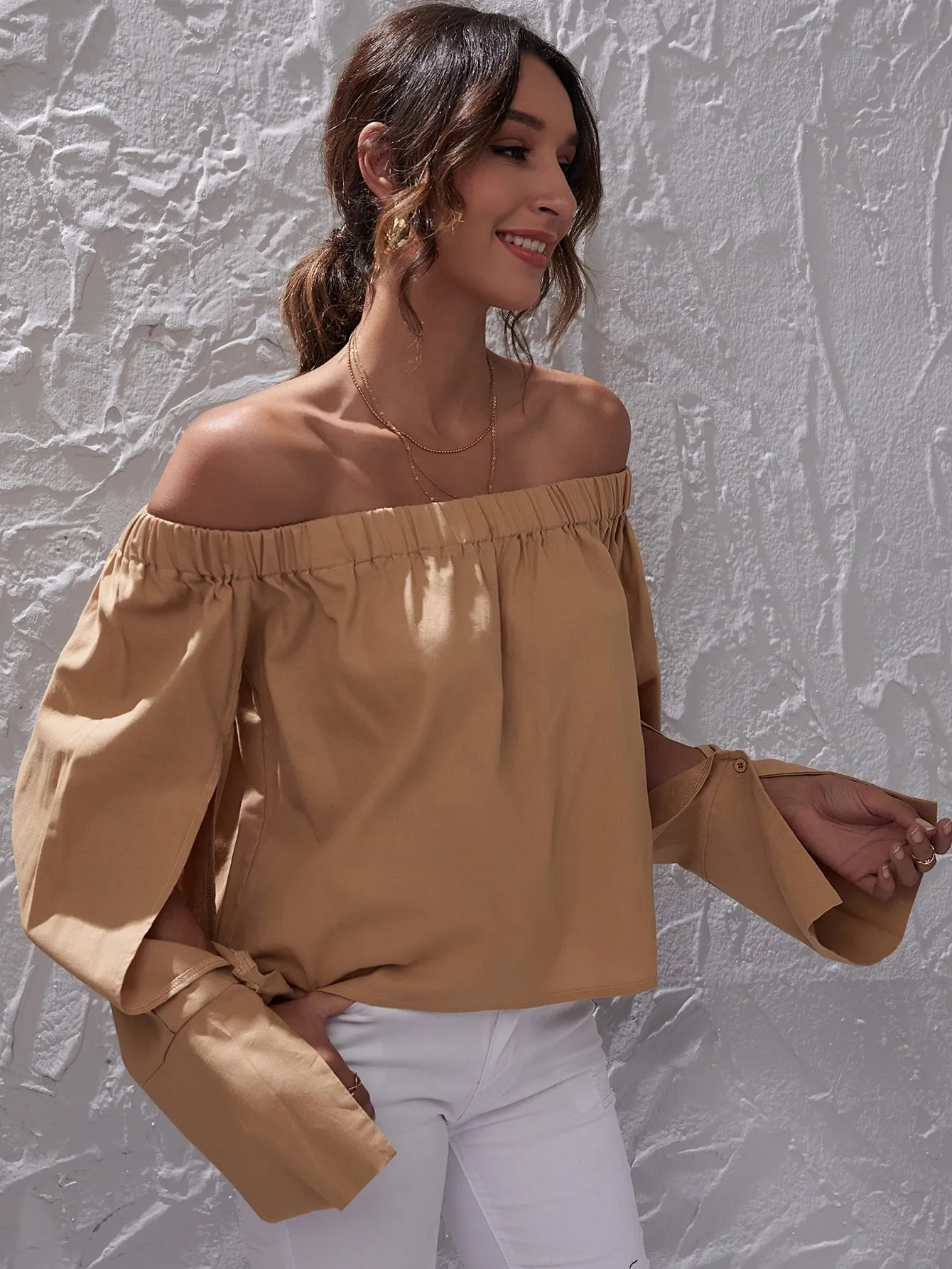 Casual Plain Split Long Sleeve Off The Shoulder Regular Blouse