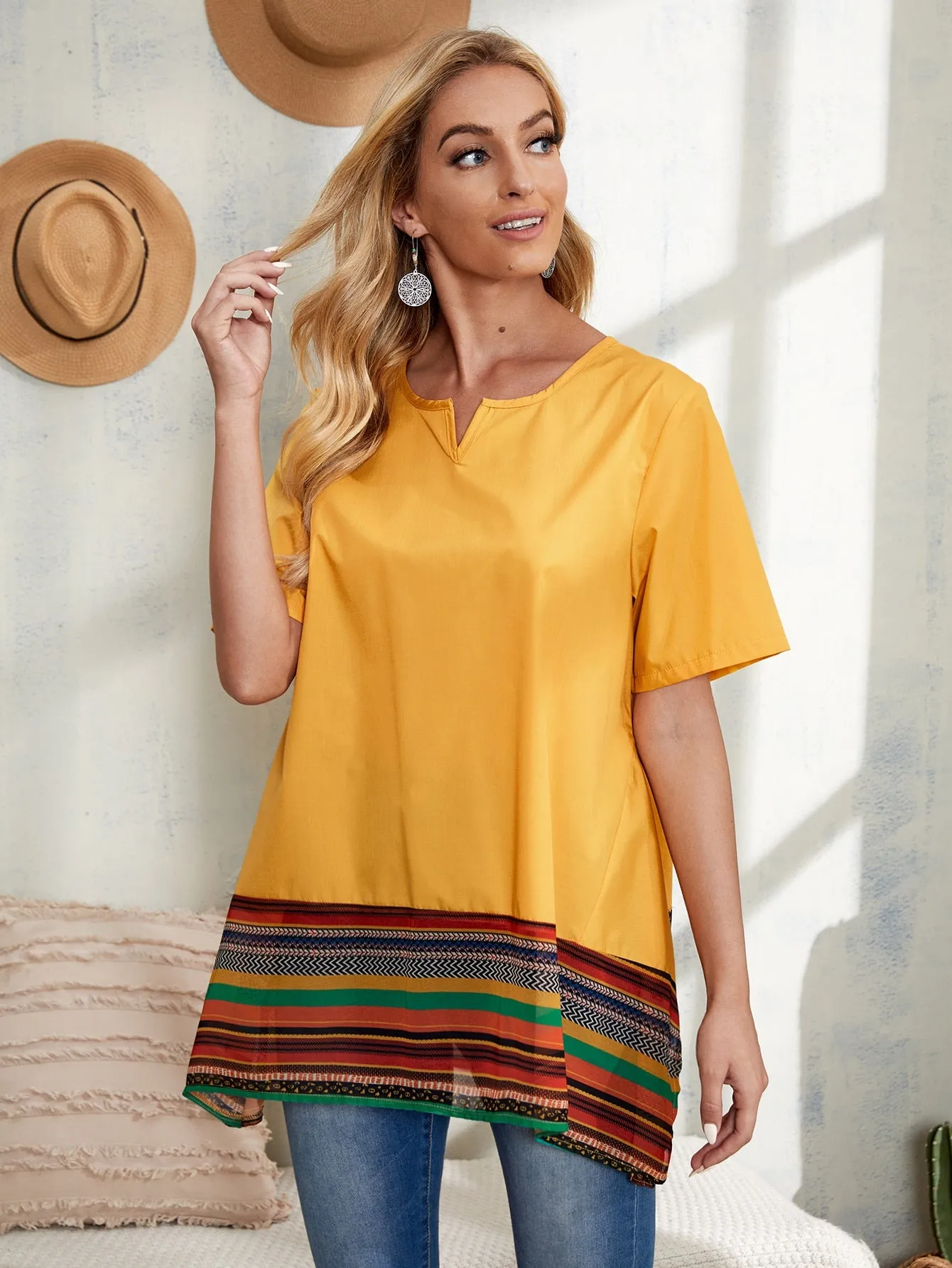 Casual Striped Split Short Sleeve Notched Long Blouse