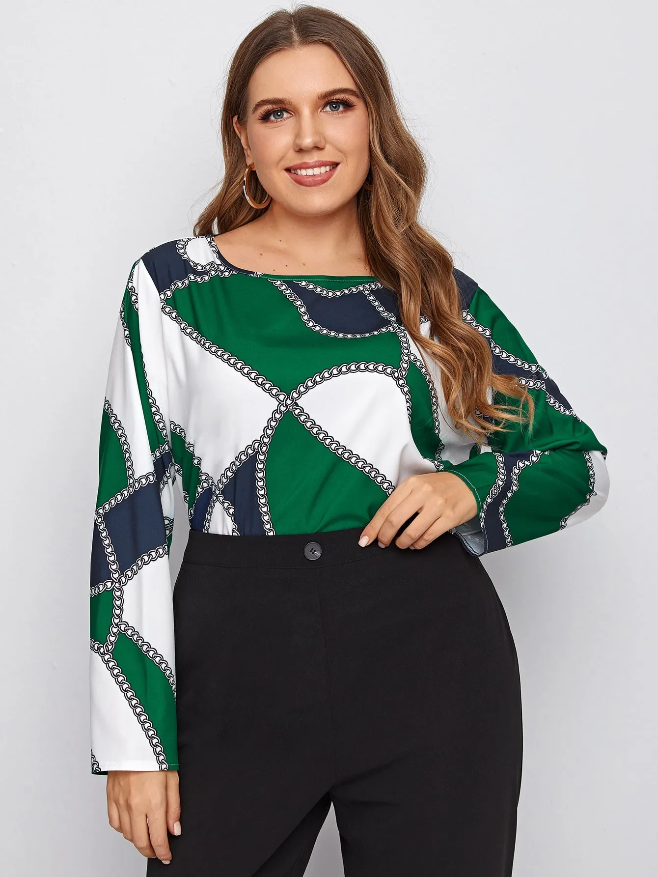 Chain Print Long Sleeve Round Neck Regular Plus Size Blouse