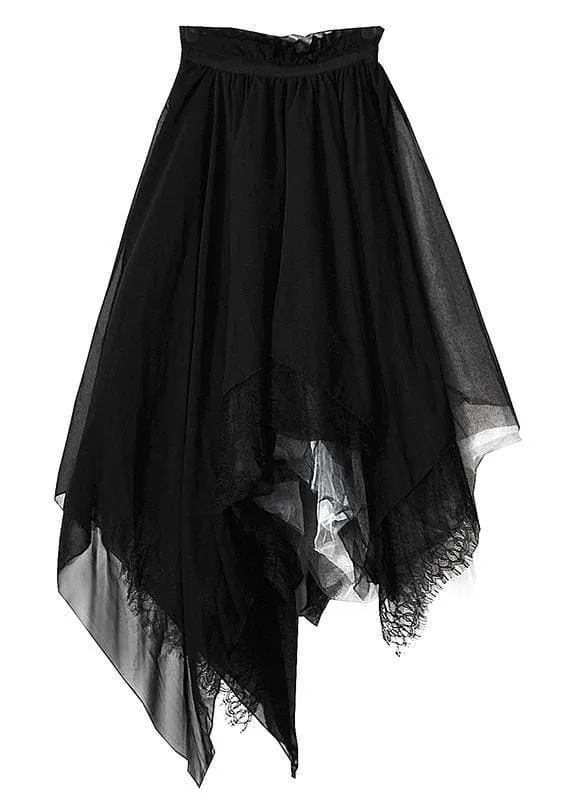 Classy Black Colorblock tulle asymmetrical design Skirt Summer