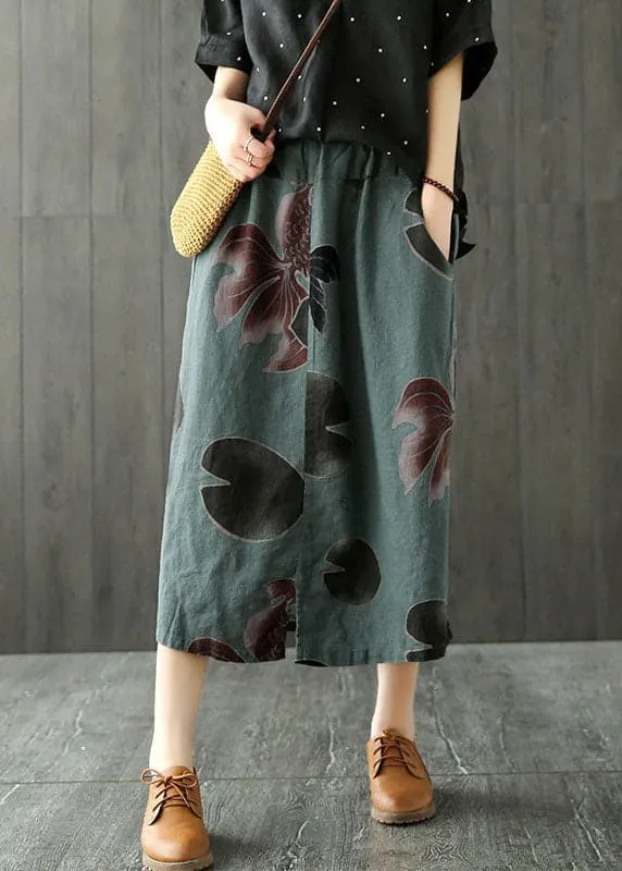 Classy blackish green side open pockets print Skirts Spring