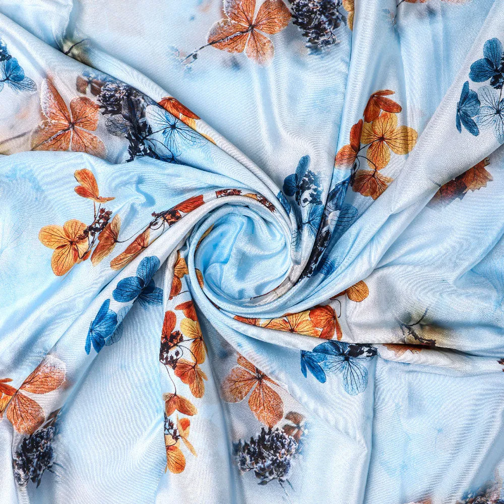 Classy Blue Floral Digital Printed Silk Crepe Fabric