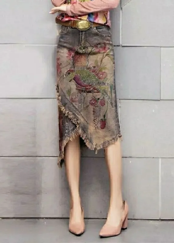 Classy Print Sashes Asymmetrical Denim Skirts FA134