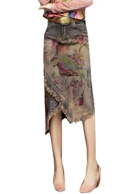 Classy Print Sashes Asymmetrical Denim Skirts FA134