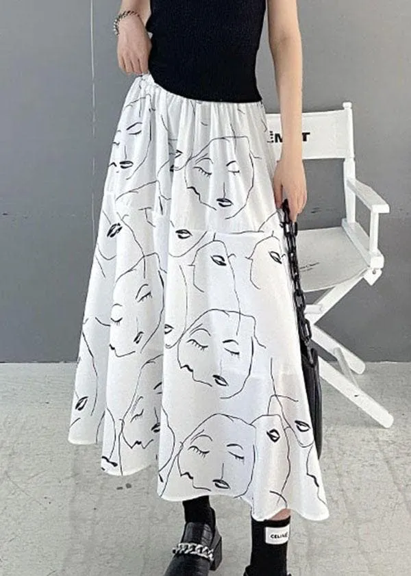 Classy White Print Elastic Waist A Line Skirts Chiffon Summer