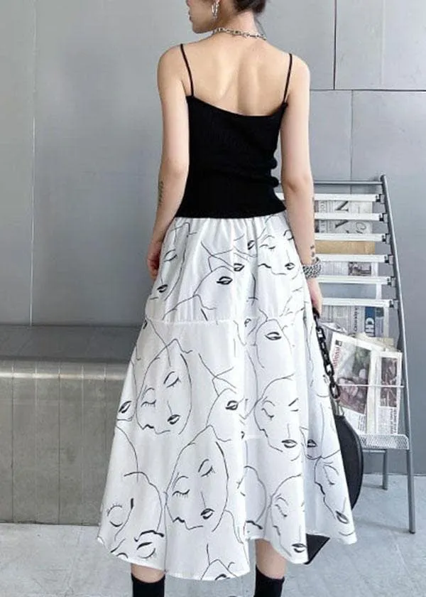 Classy White Print Elastic Waist A Line Skirts Chiffon Summer