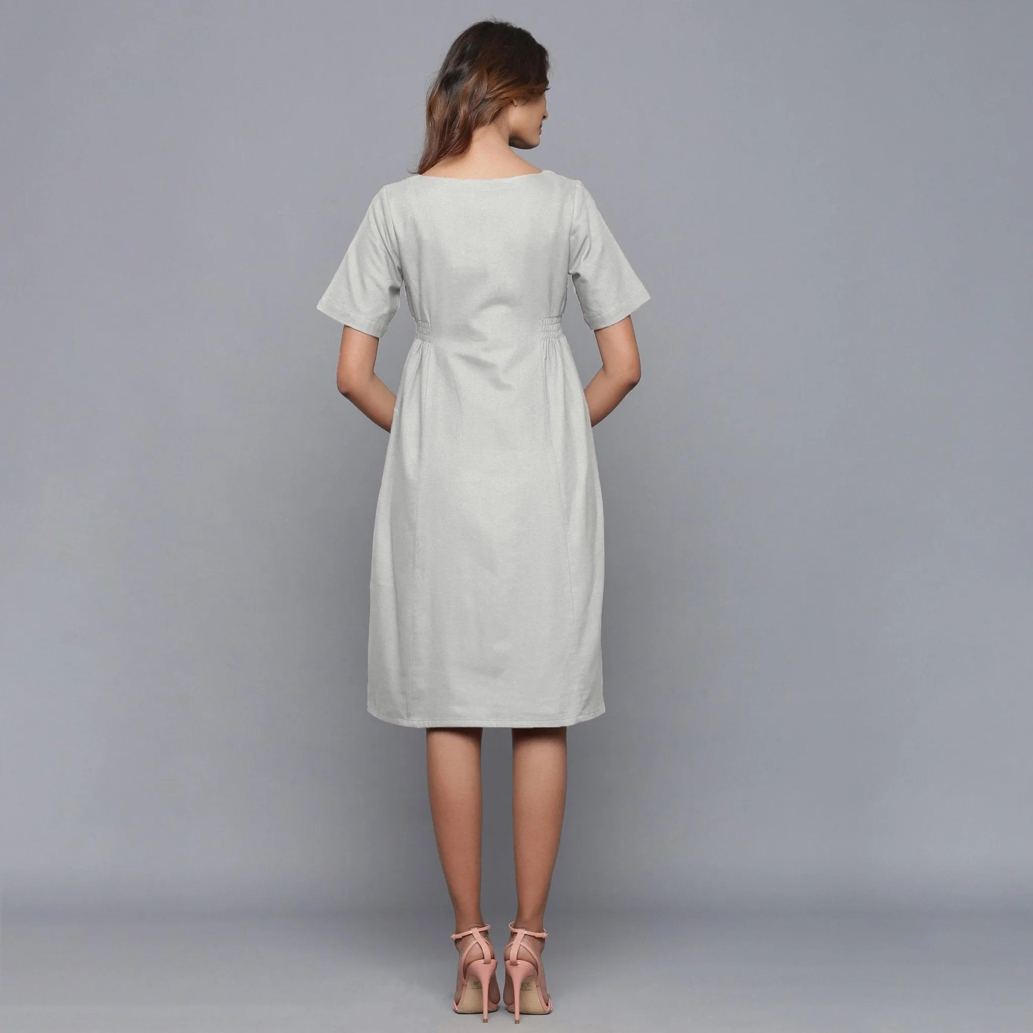 Cloudy Grey Warm Cotton Flannel Knee Length Dress