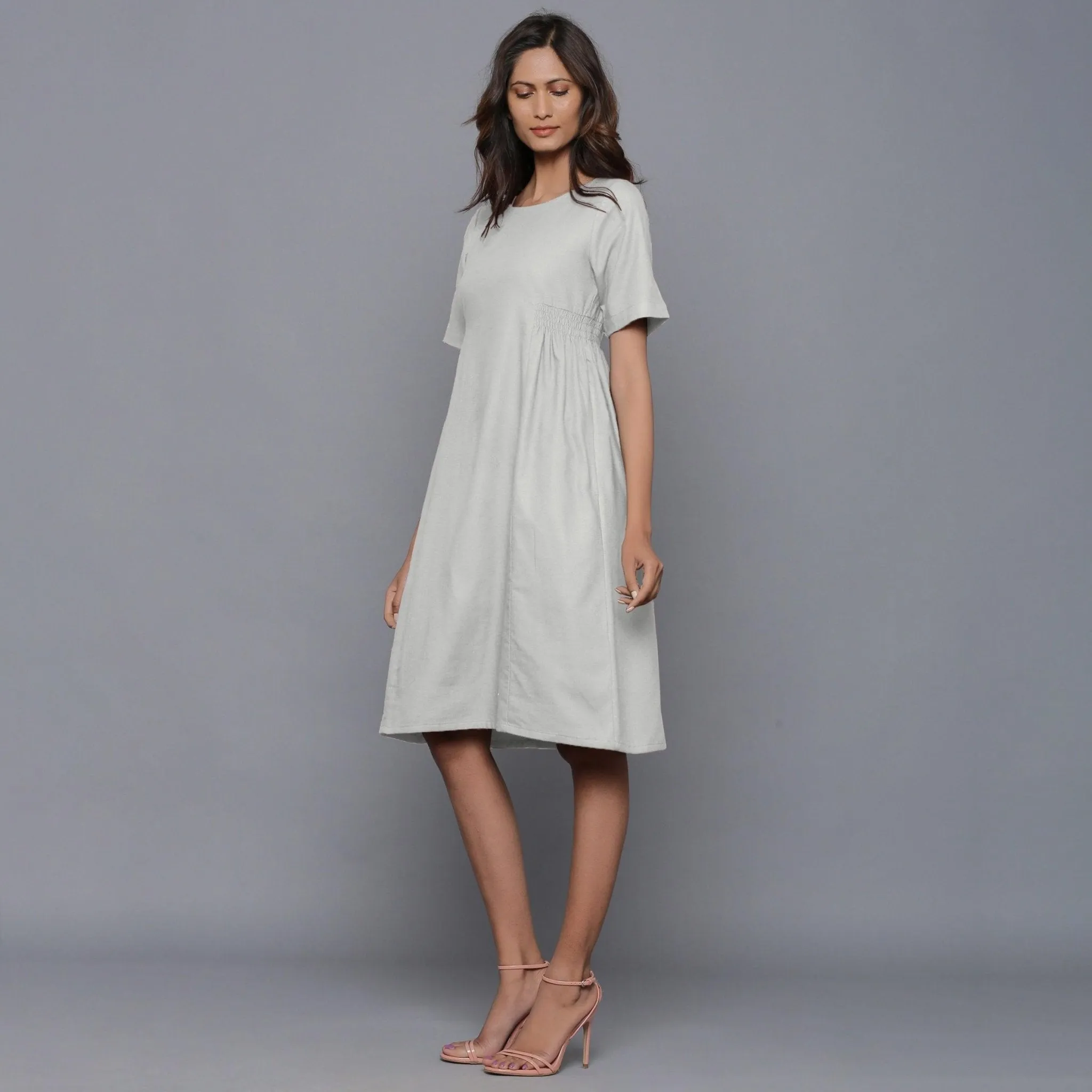 Cloudy Grey Warm Cotton Flannel Knee Length Dress