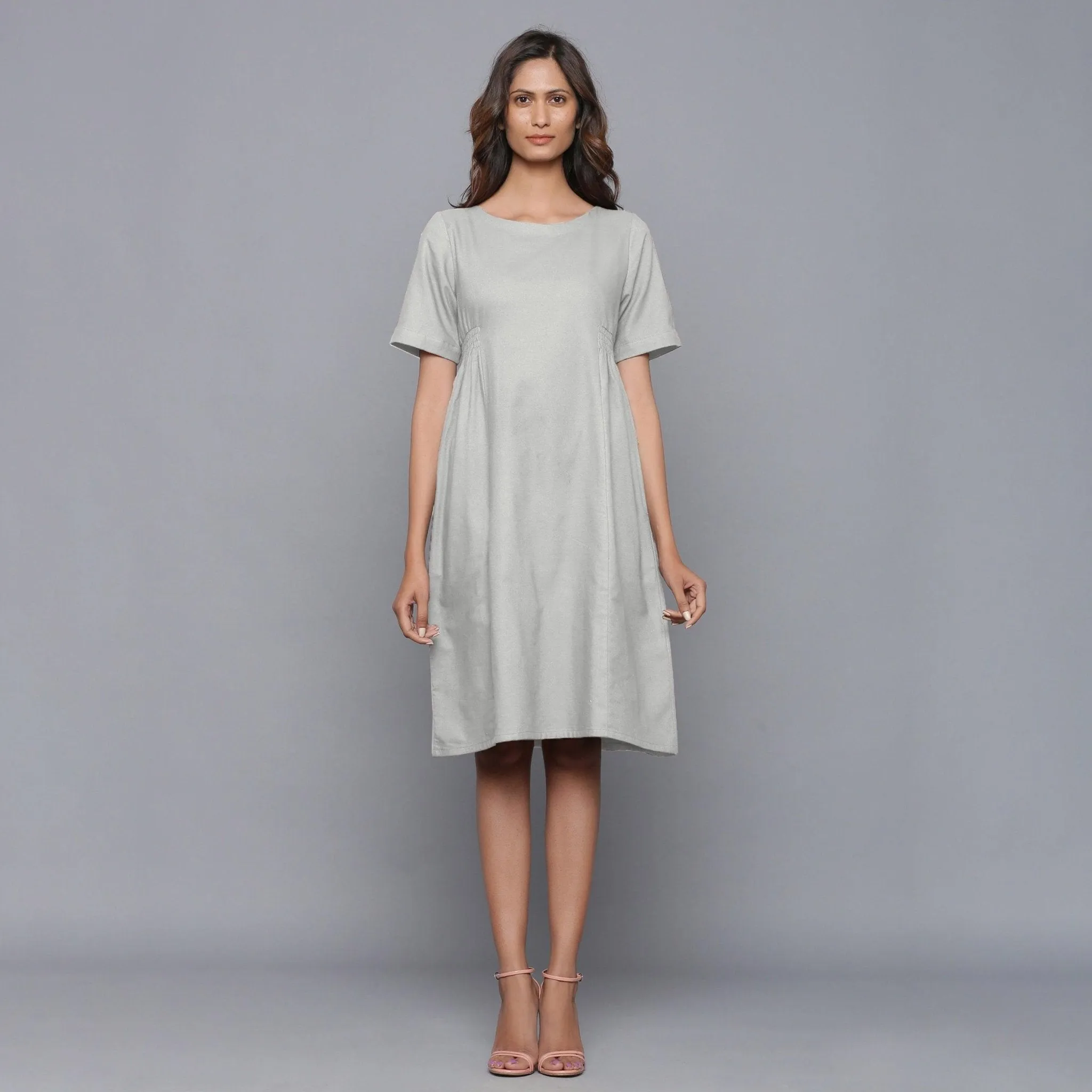 Cloudy Grey Warm Cotton Flannel Knee Length Dress