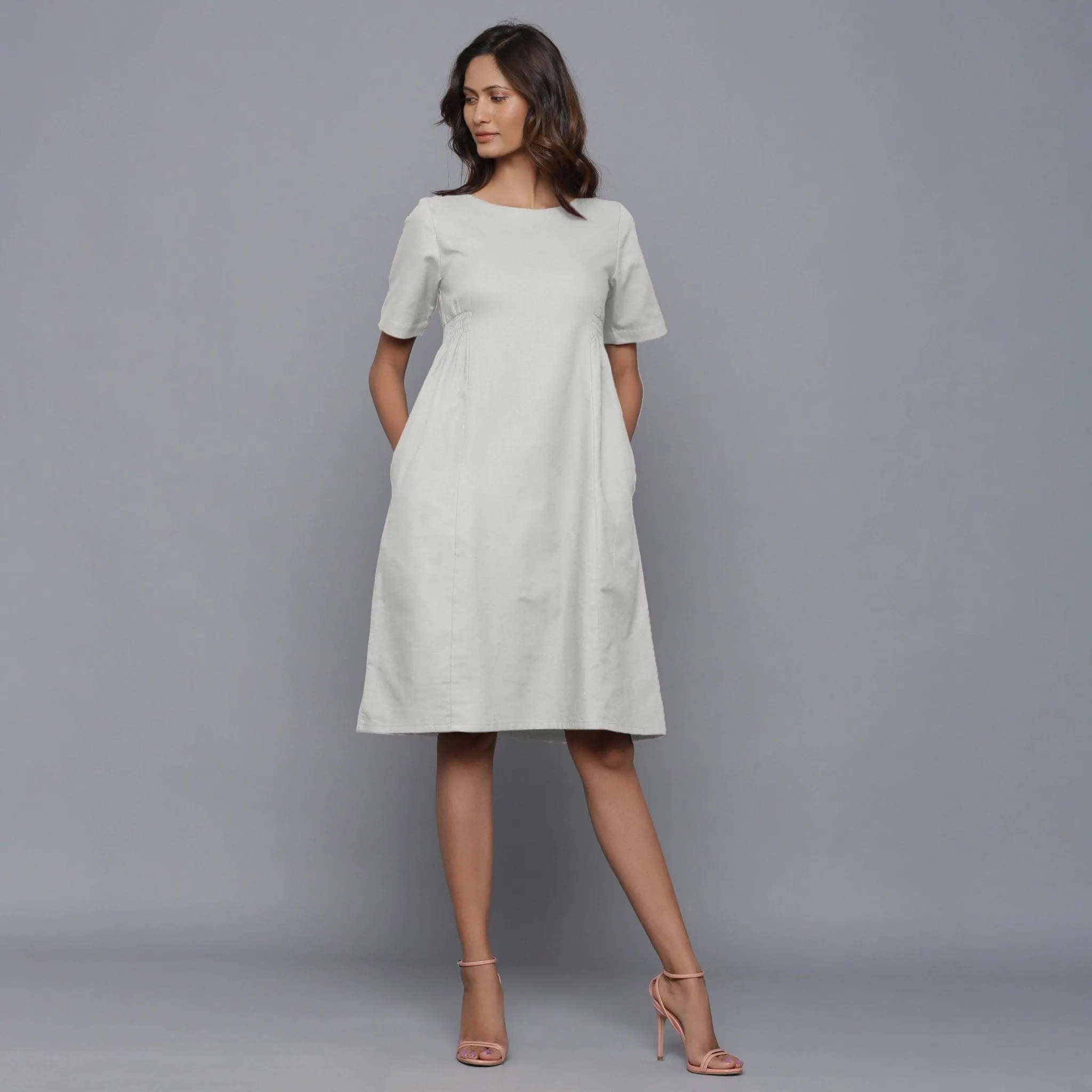 Cloudy Grey Warm Cotton Flannel Knee Length Dress