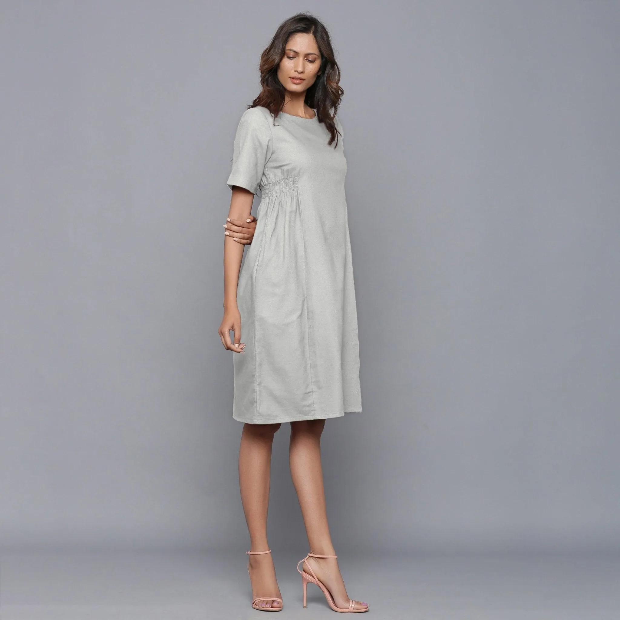 Cloudy Grey Warm Cotton Flannel Knee Length Dress