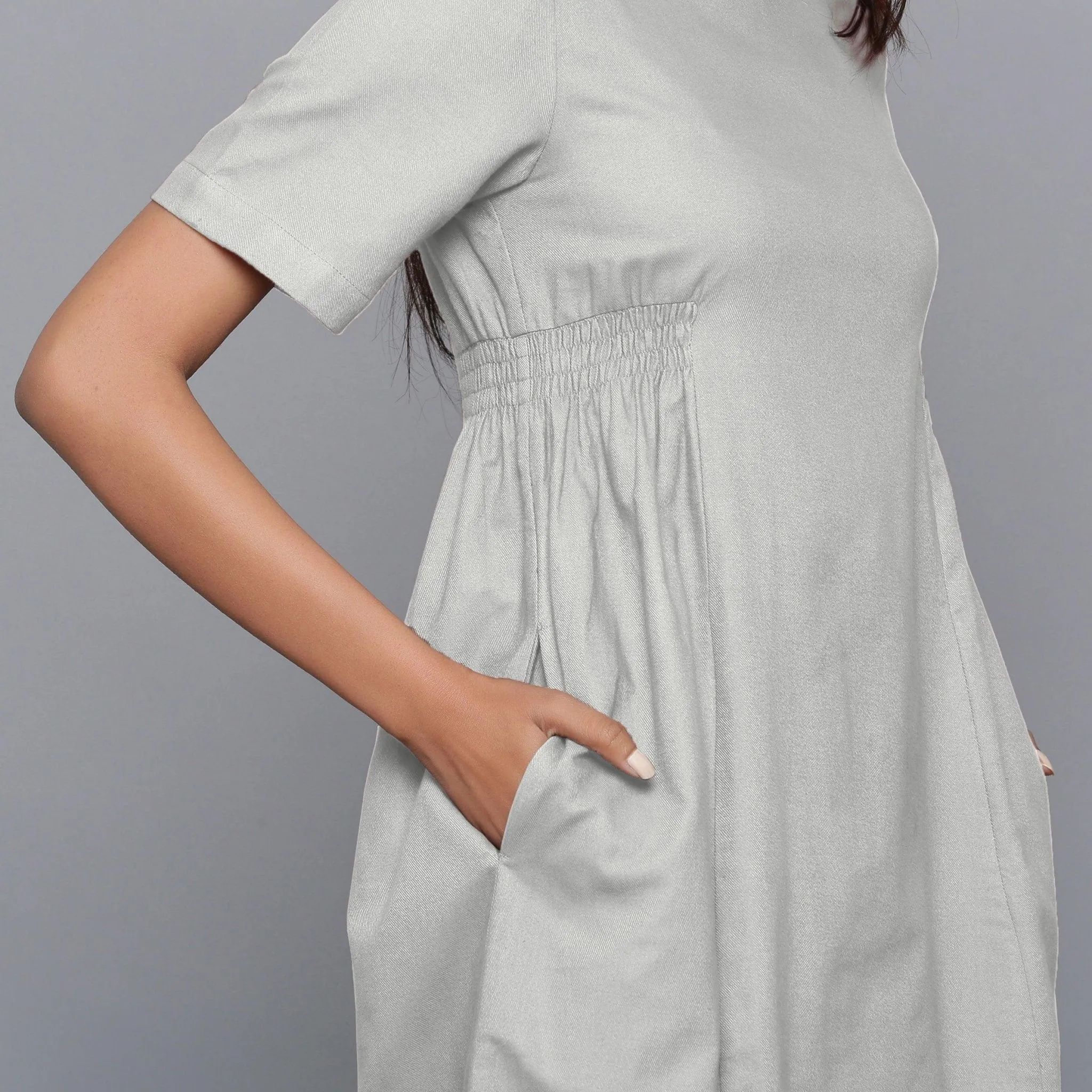 Cloudy Grey Warm Cotton Flannel Knee Length Dress