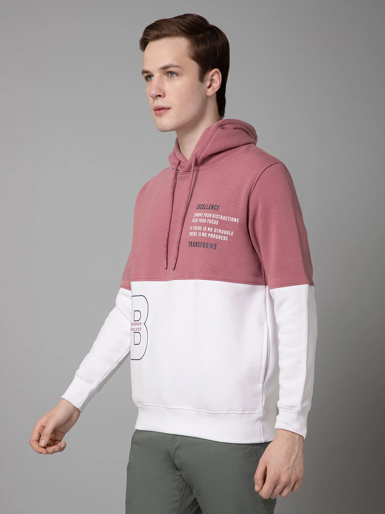 Color-Blocked  White Full Sleeves Hooded Neck Regular Fit Casual Sweatshirt for Men