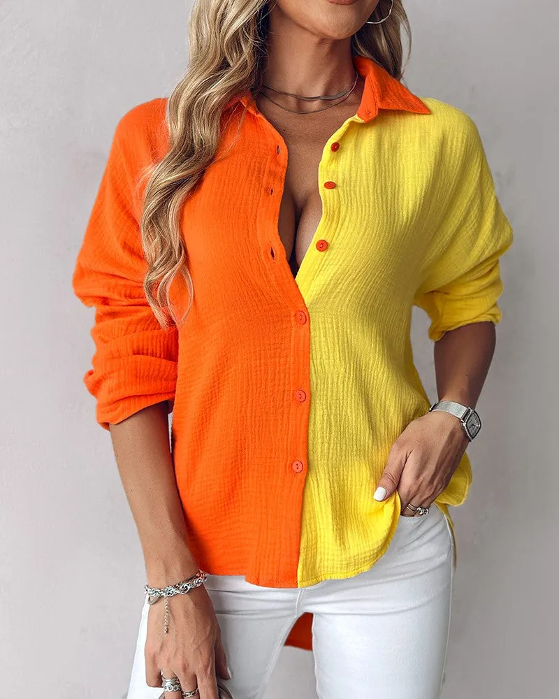 Colorblock Buttoned Long Sleeve Top