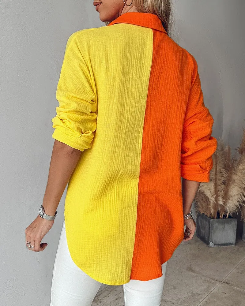 Colorblock Buttoned Long Sleeve Top