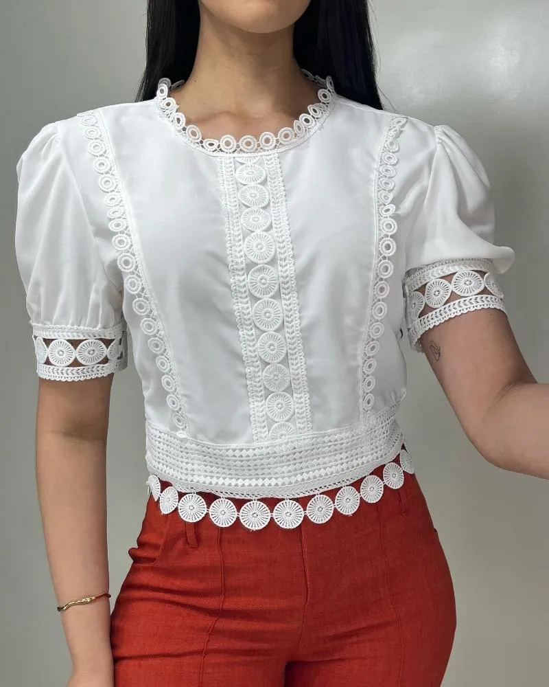 Contrast Lace Round Neck Puff Sleeve Blouse Casual Slim Fit Top