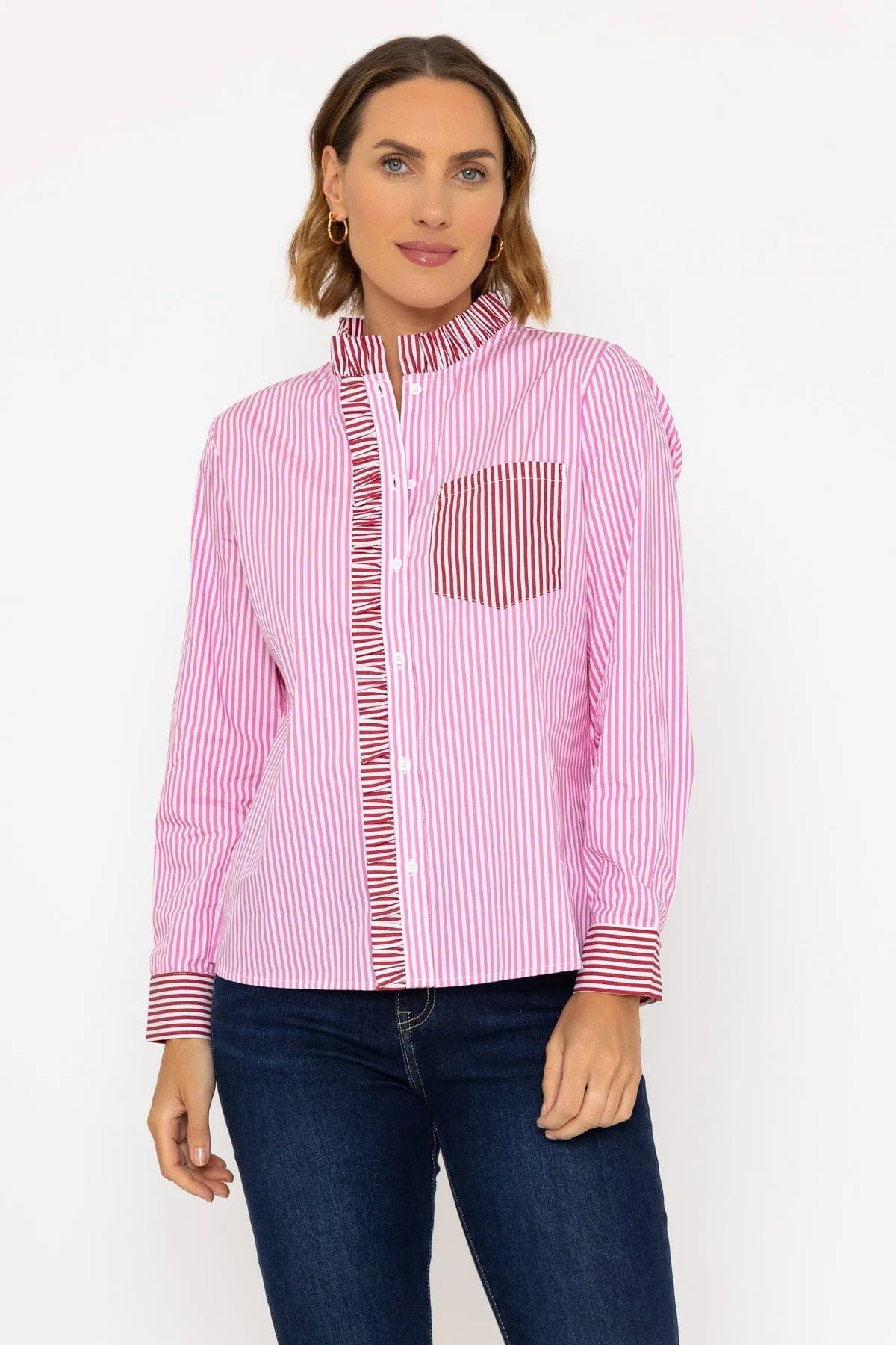 Cotton Ruffle Placket Shirt in Pink