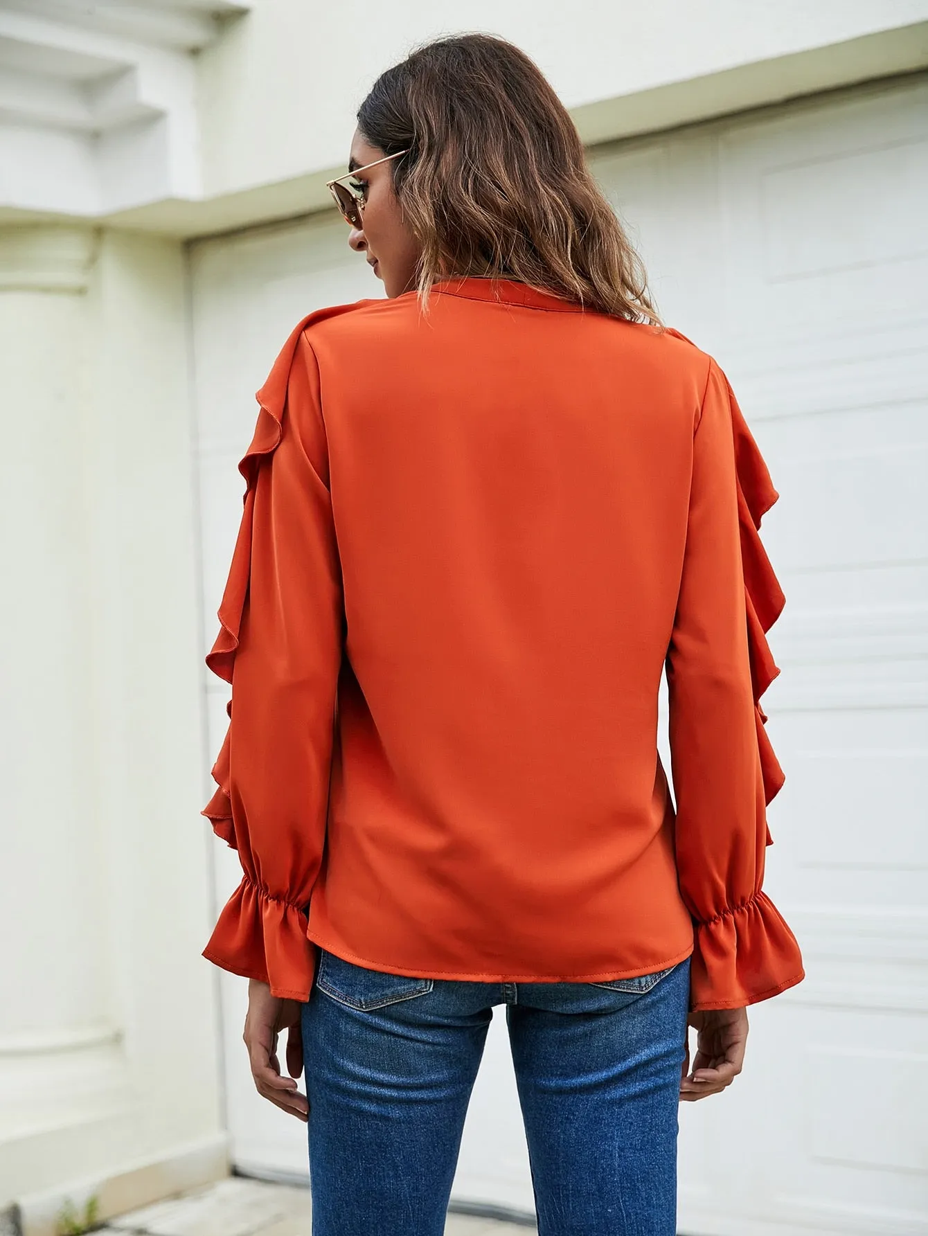 Cute Plain Button Front Long Sleeve V Neck Regular Blouse