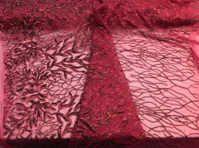 Dazzling Burgundy fashion tree embroider with sequins on a mesh lace-prom-nightgown-decorations-sold by the yard