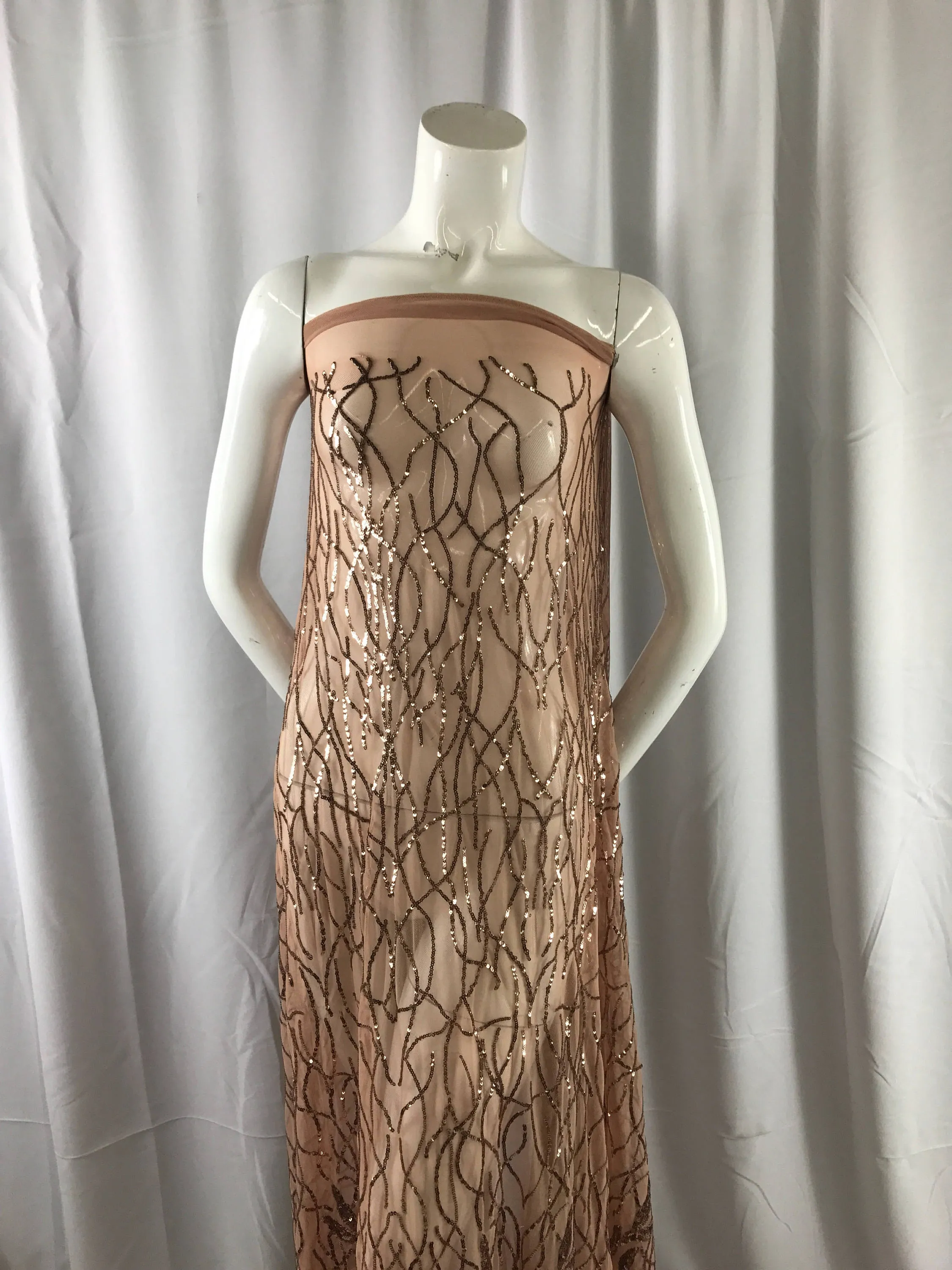 Dazzling light brown fashion tree emrboider with sequins on a mesh lace-prom-nightgown-decorations-dresses-fashion-sold by the yard