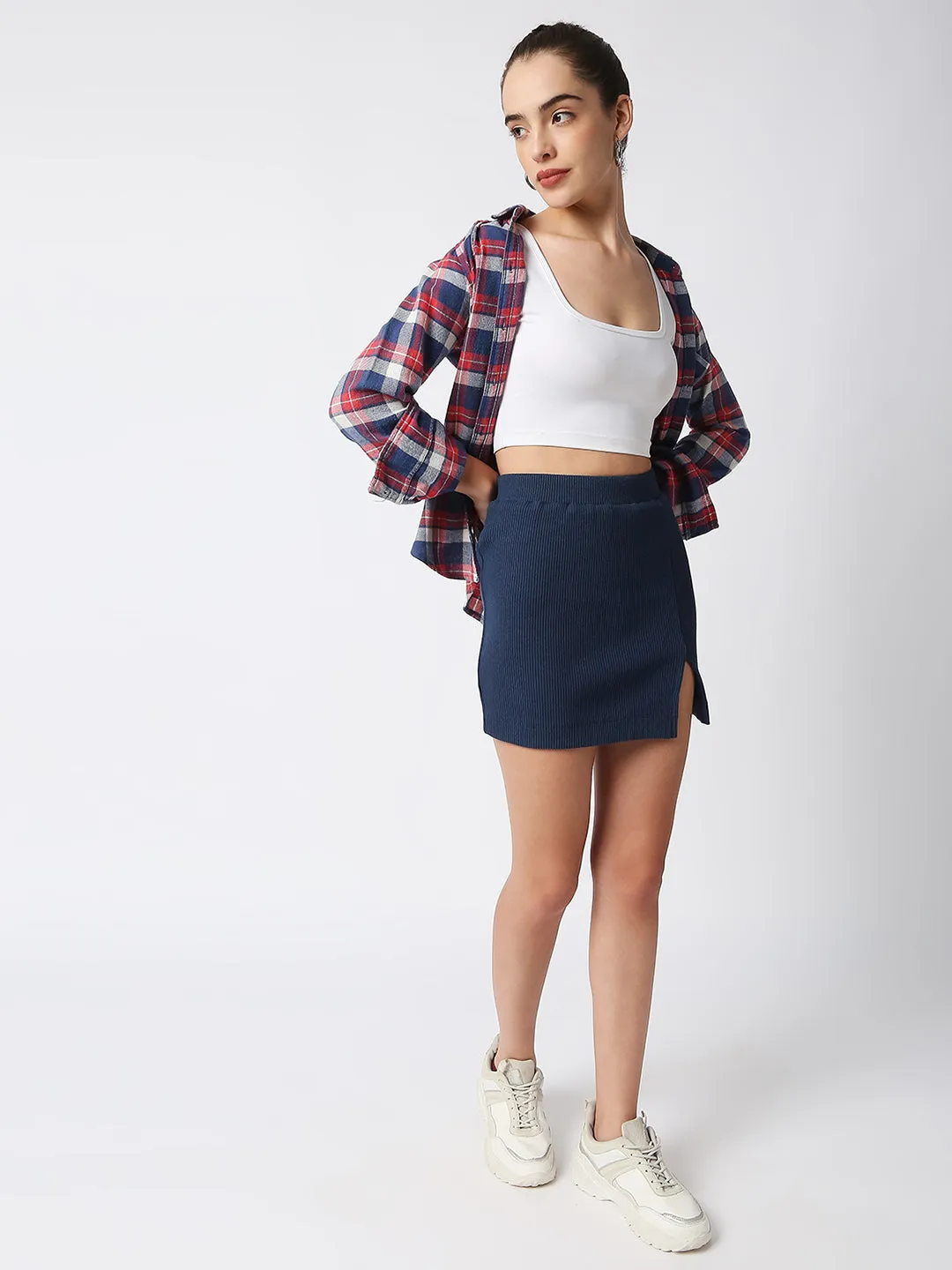 Disrupt Women Navy Front Slit Slim Fit Ribbed Short Skirt