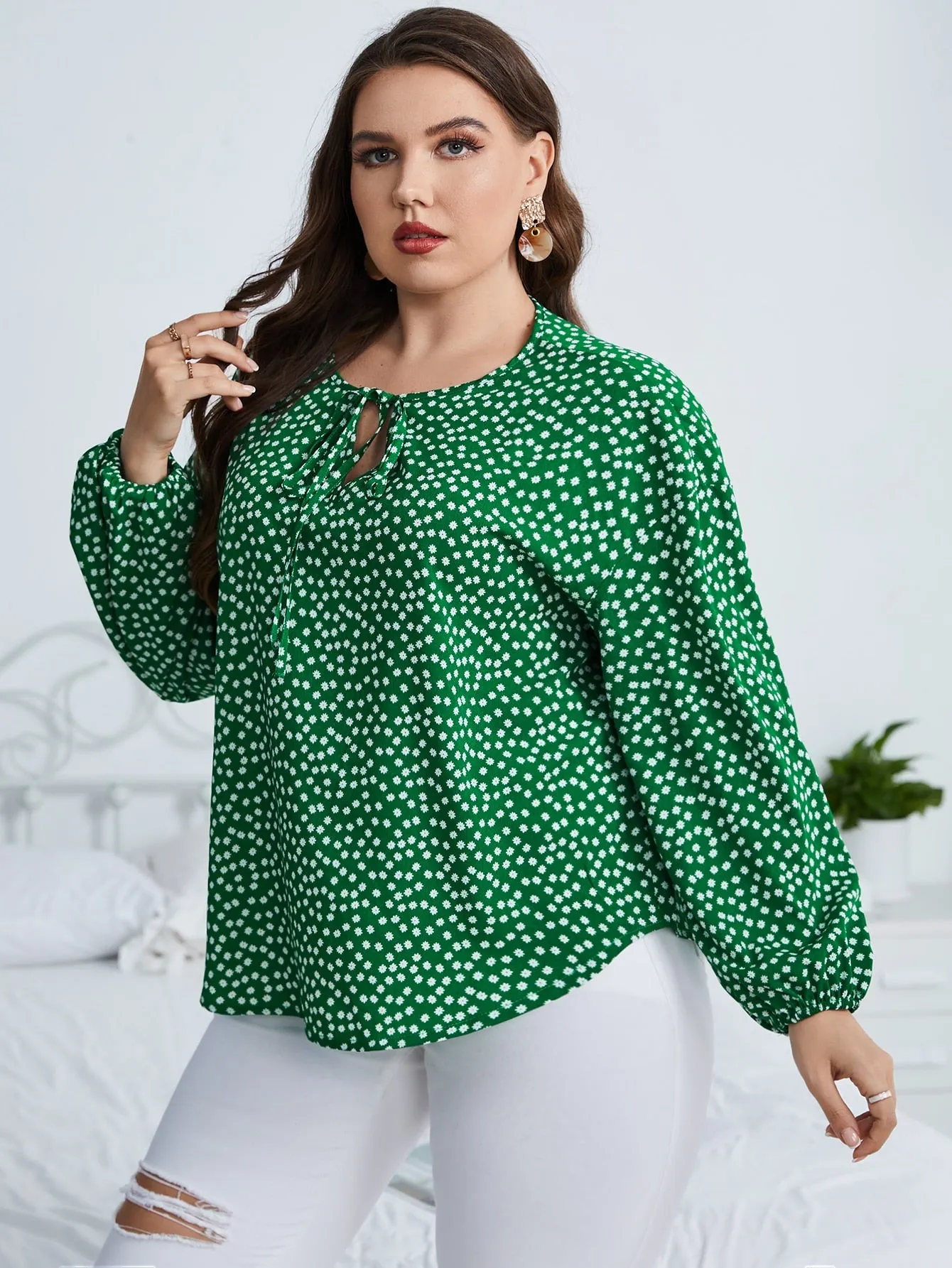 Ditsy Floral Long Sleeve Tie Neck Regular Plus Size Blouse