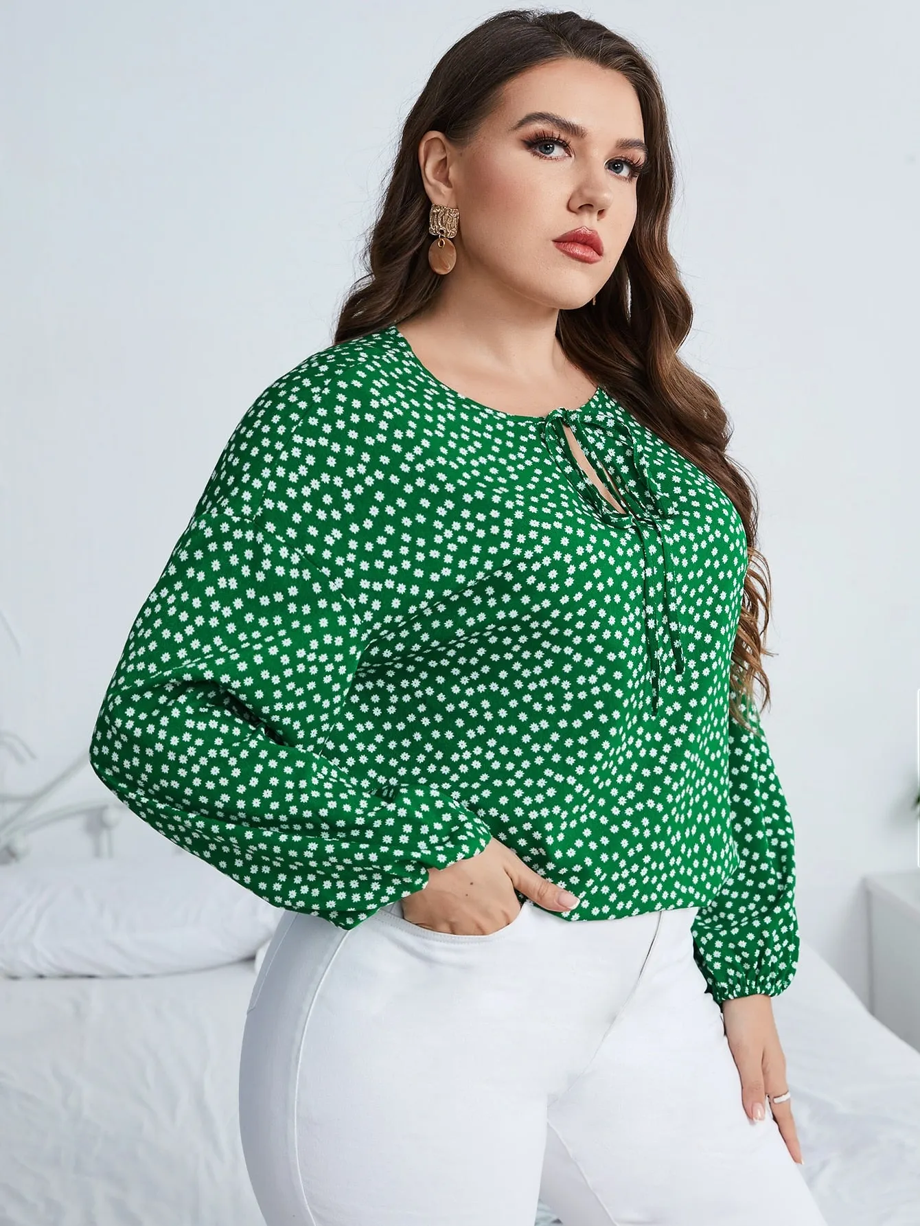 Ditsy Floral Long Sleeve Tie Neck Regular Plus Size Blouse